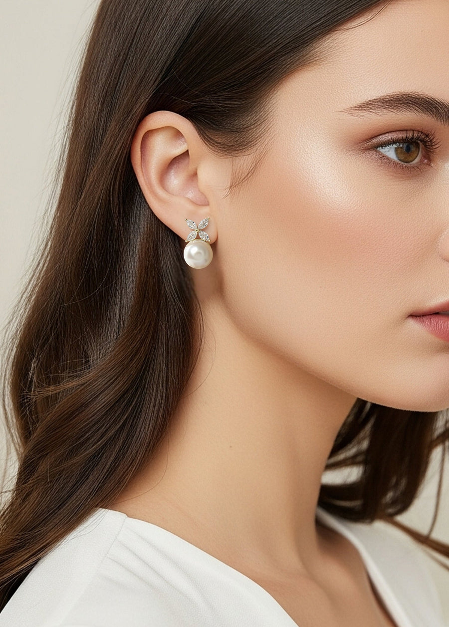 10MM Fresh Water Pearl with Flower CZ Earrings