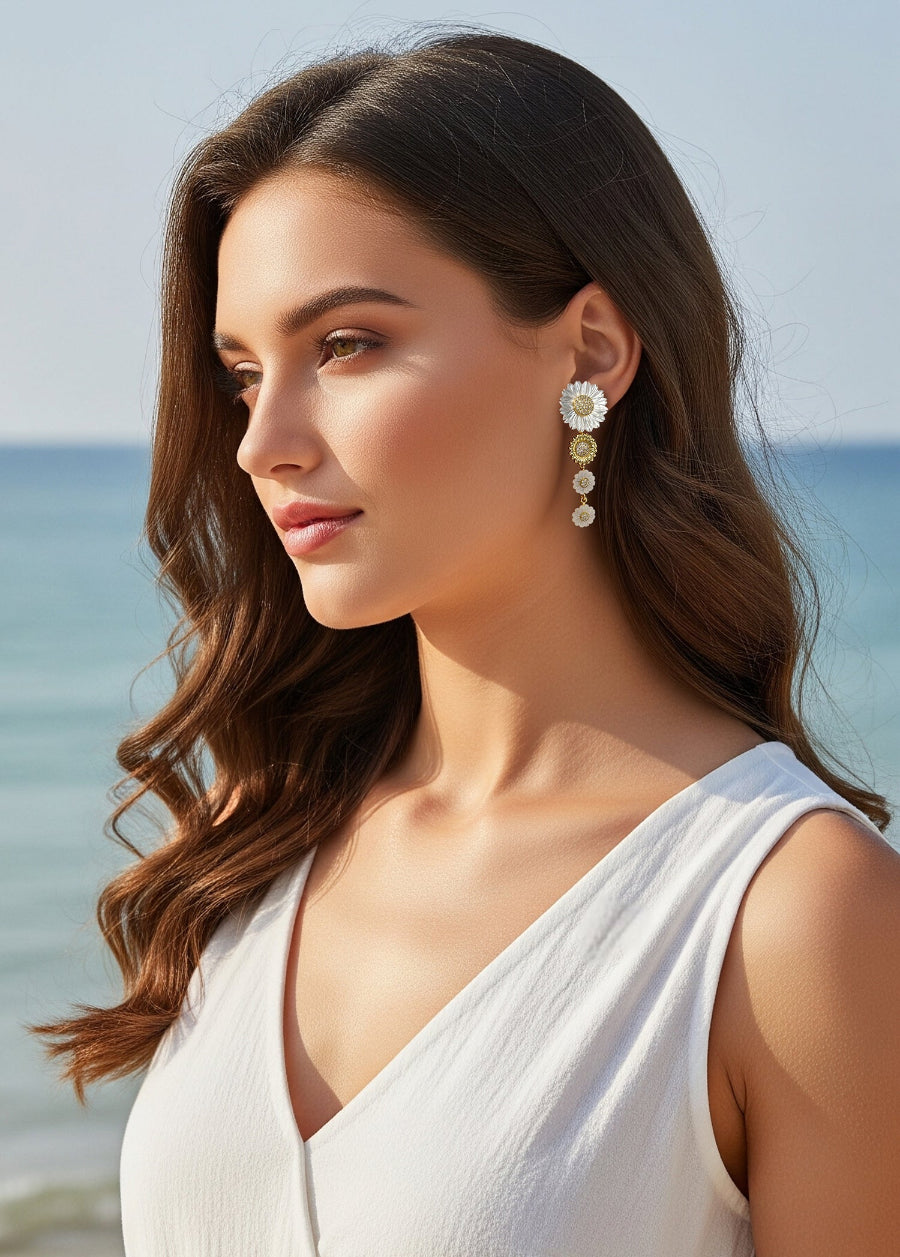 Mother of Pearl Gold Daisy Flower Ear Jacket Earrings