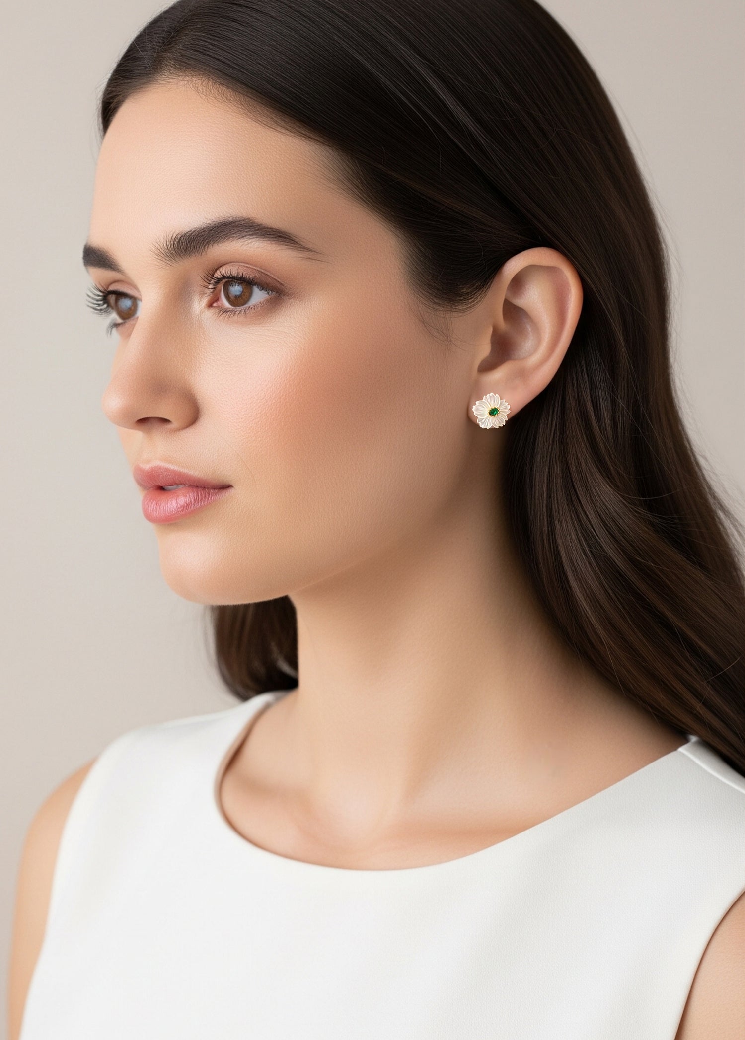 Mother of Pearl White Flower with Green/Red CZ Stud Earrings