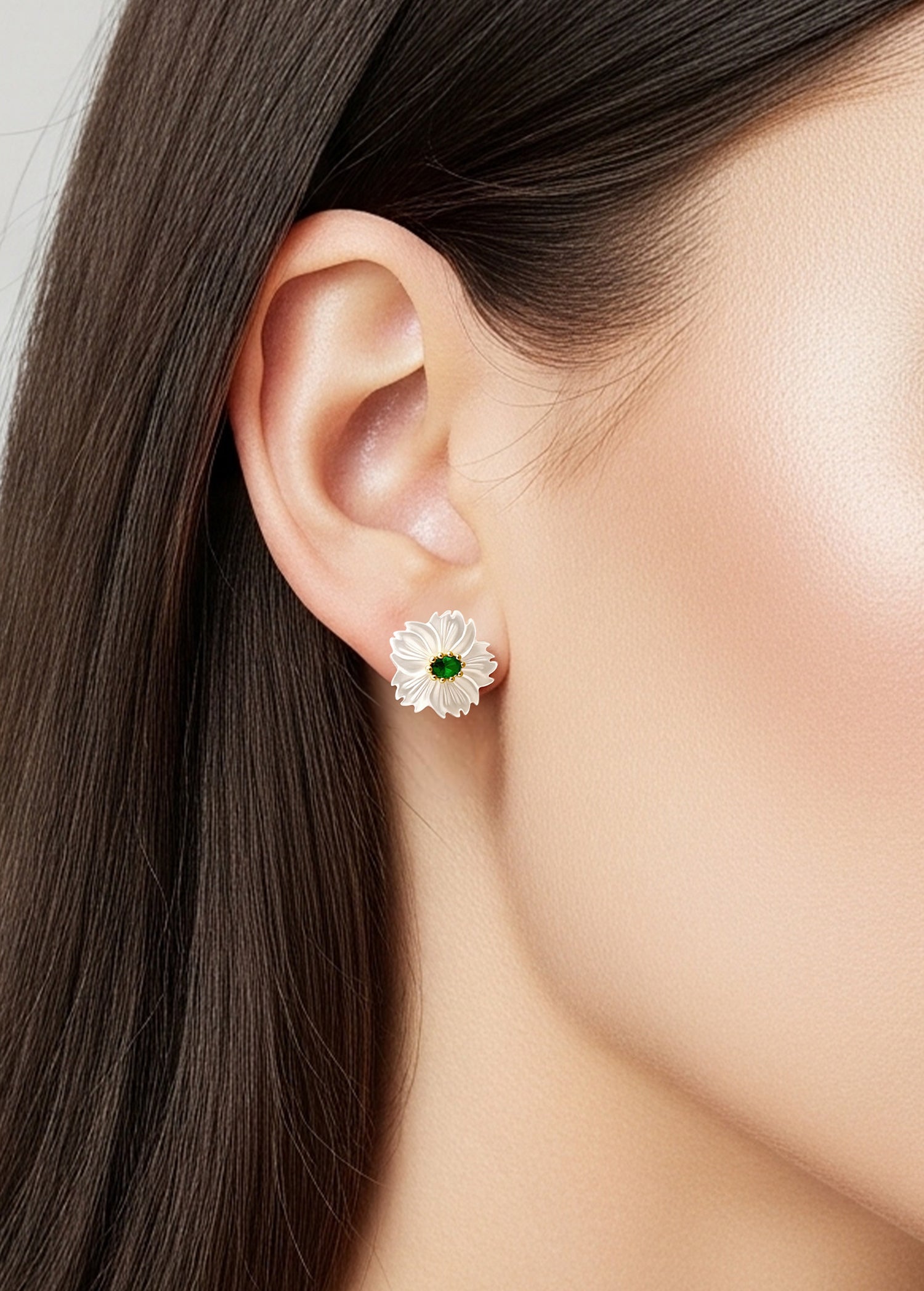 Mother of Pearl White Flower with Green/Red CZ Stud Earrings