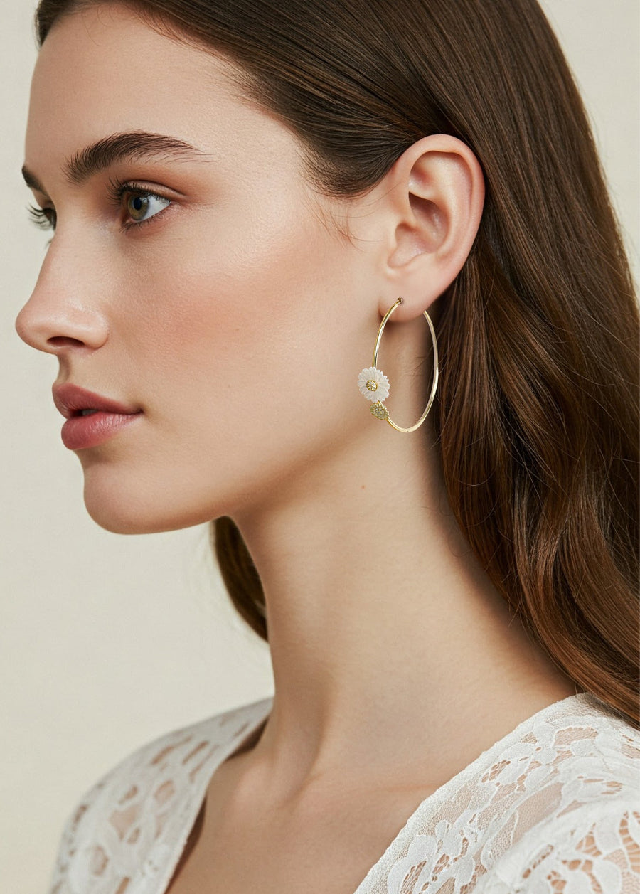 Daisy Flower with CZ 3/4 Hoop Earrings