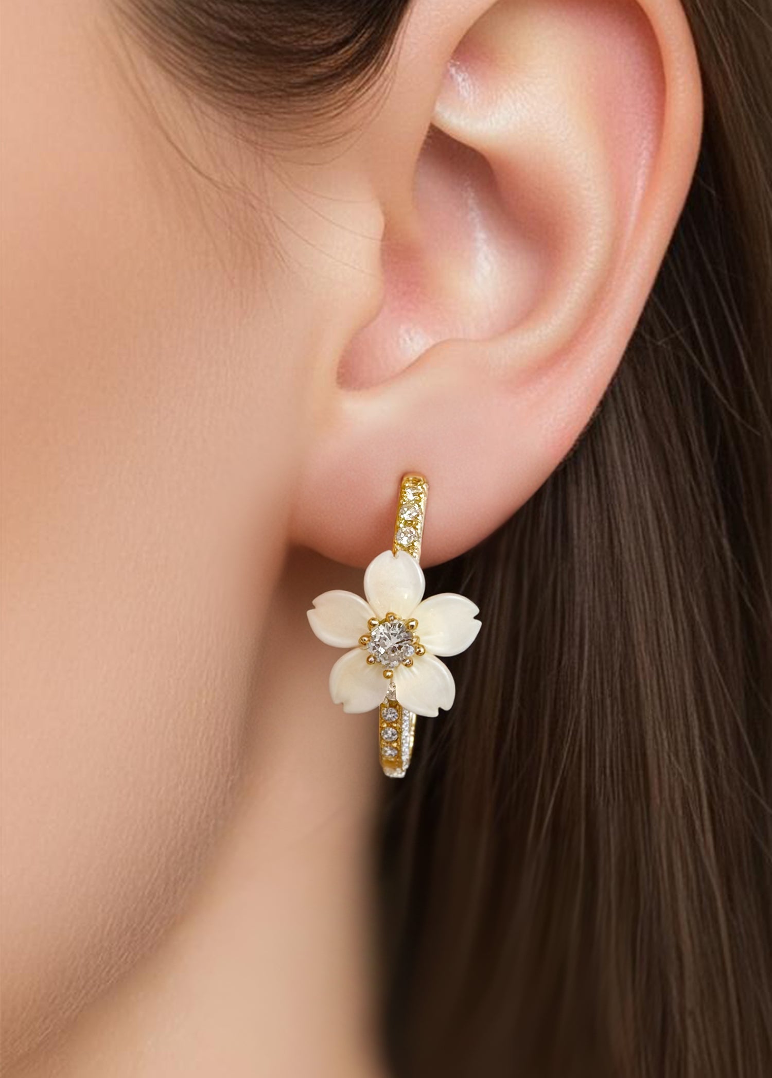 Cherry Blossom Mother of Pearl CZ Hoop Earrings