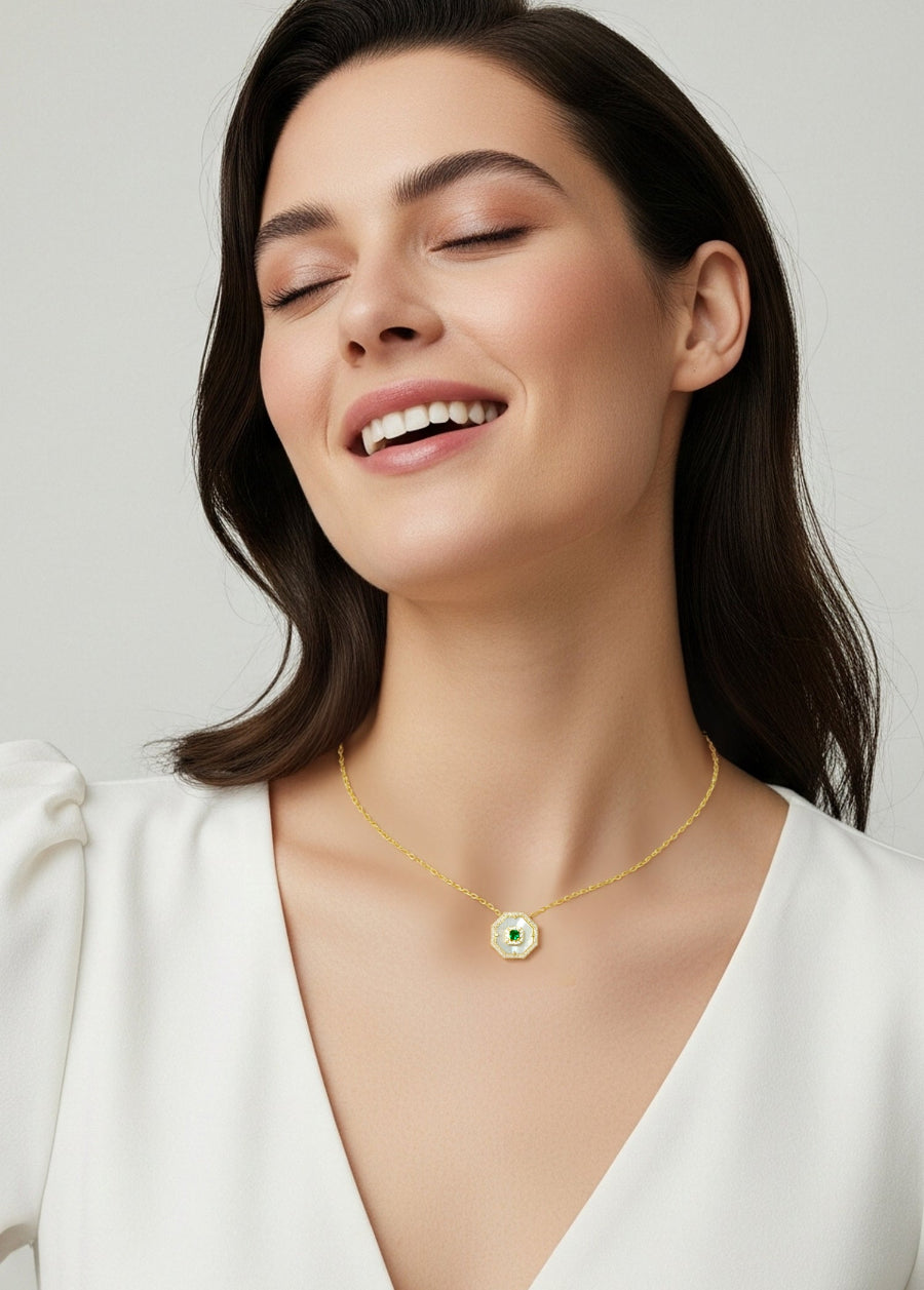 Delicate Mother of Pearl Octagon CZ Necklace