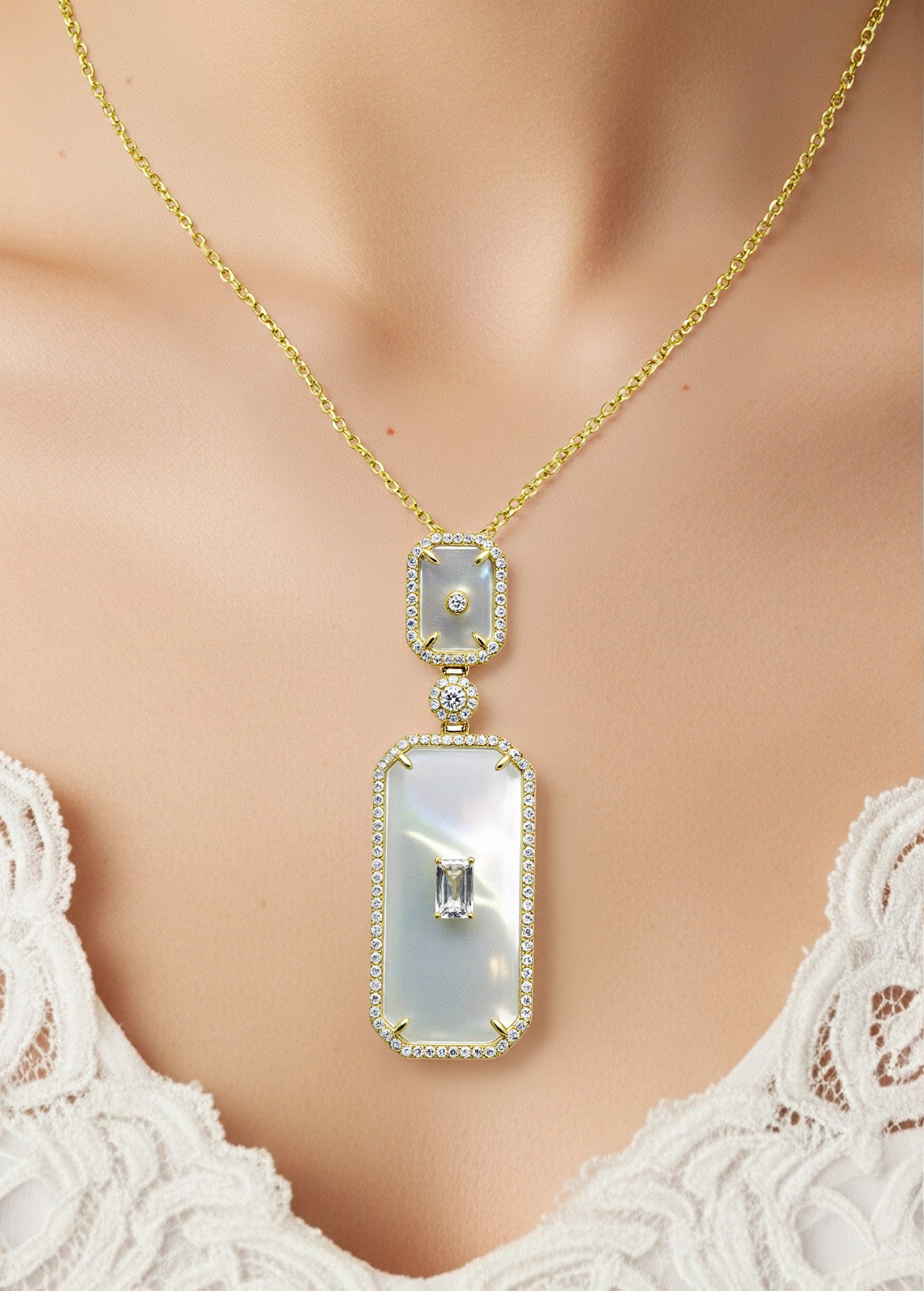 Delicate Mother of Pearl Rectangle CZ Necklace