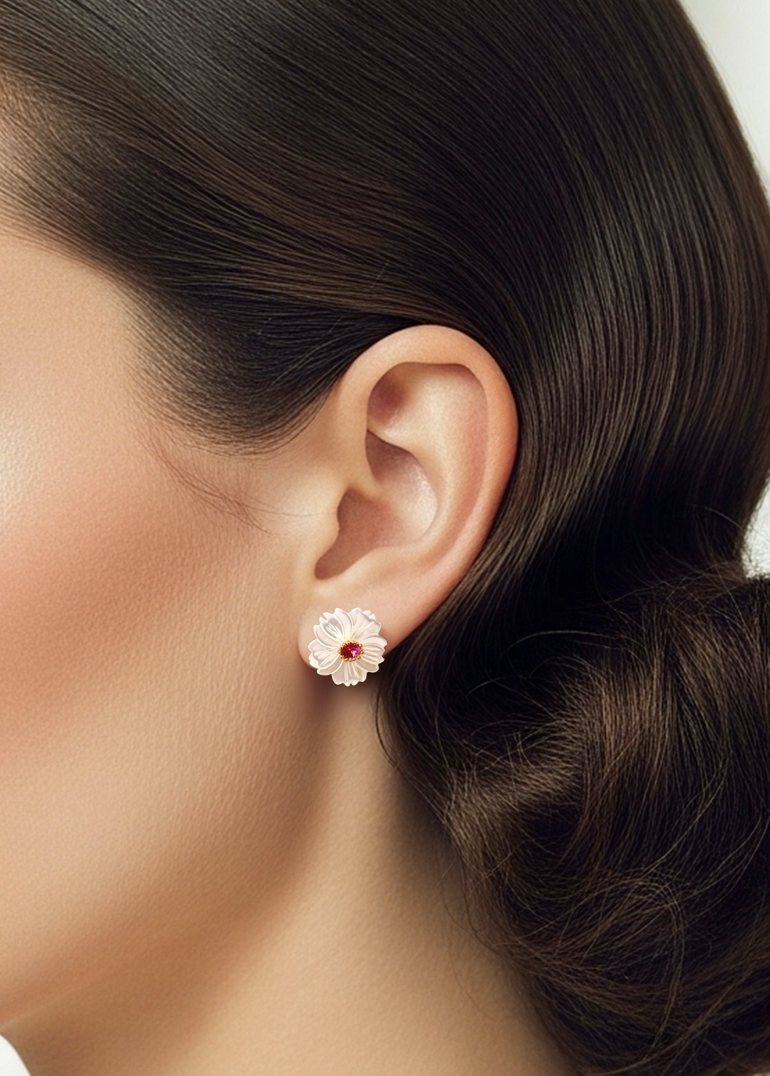 Mother of Pearl White Flower with Green/Red CZ Stud Earrings