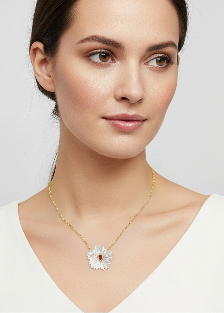 Floral Mother of Pearl with Green/Red CZ Pendant Necklace