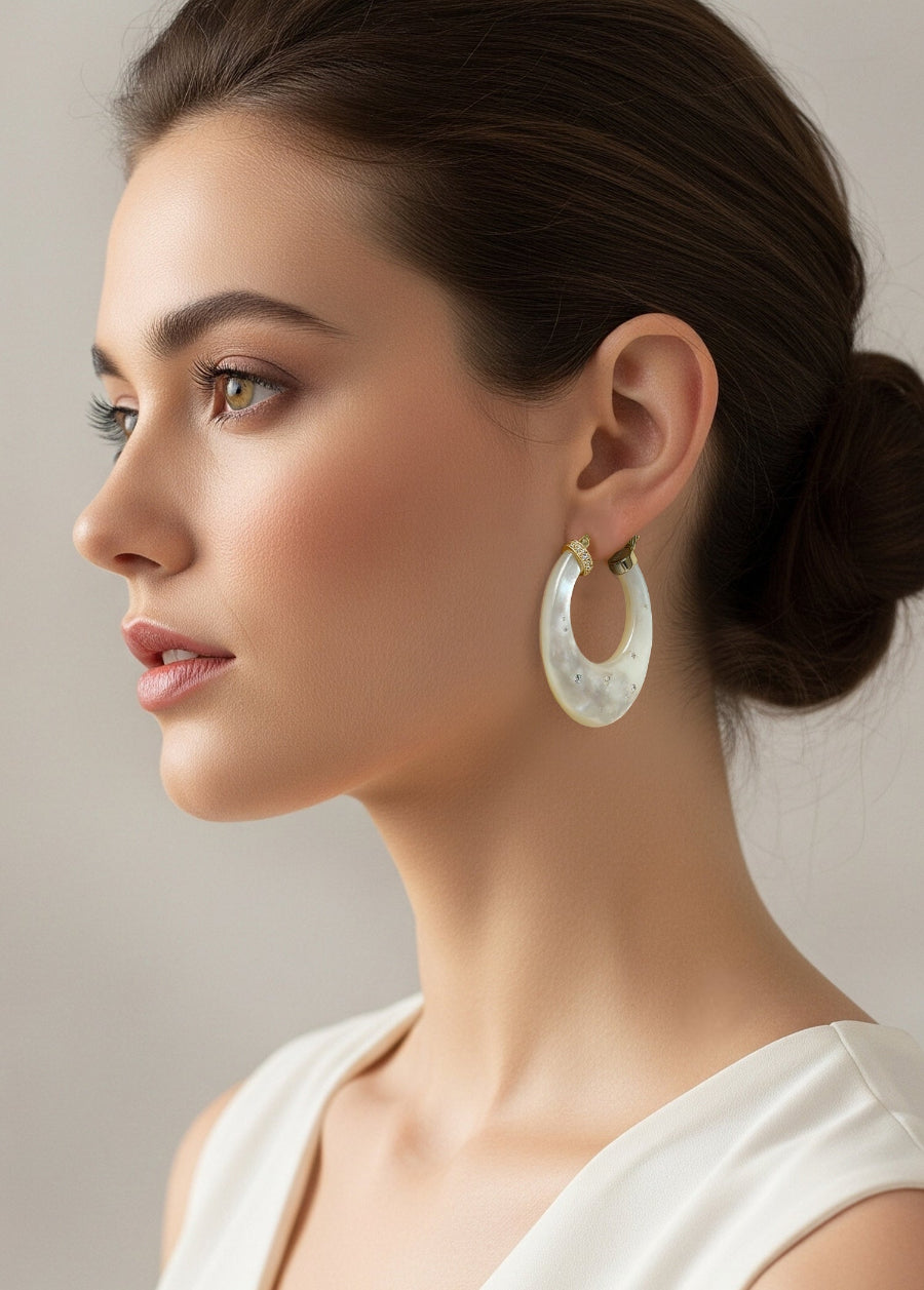 CZ Embedded Mother of Pearl Hoop Earrings