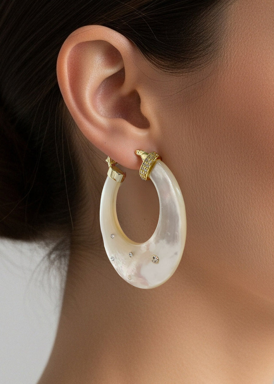CZ Embedded Mother of Pearl Hoop Earrings