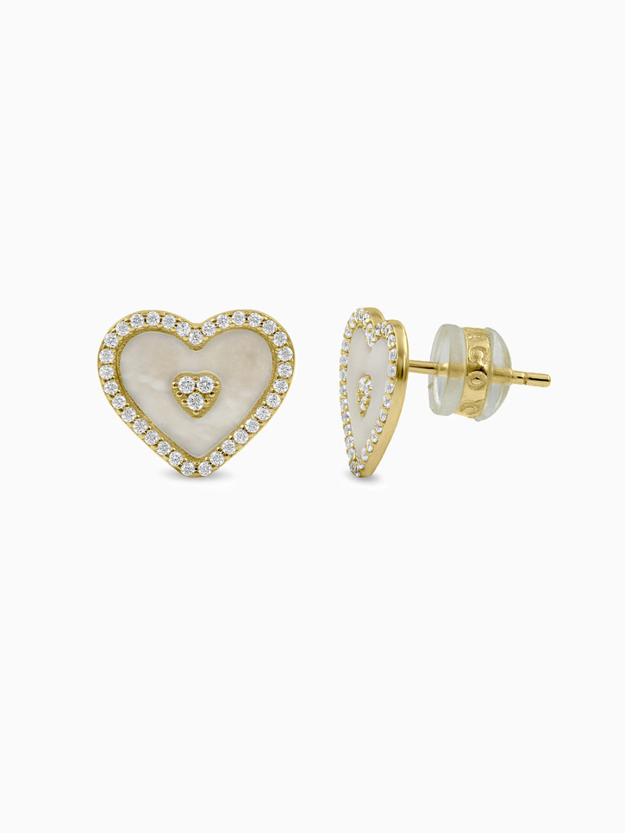 Mother of Pearl Earrings, Inlay, Cubic Zirconia, Diamonds, Heart Shape Stud, Stud, Earrings, Fashion accessories, elegant jewelry