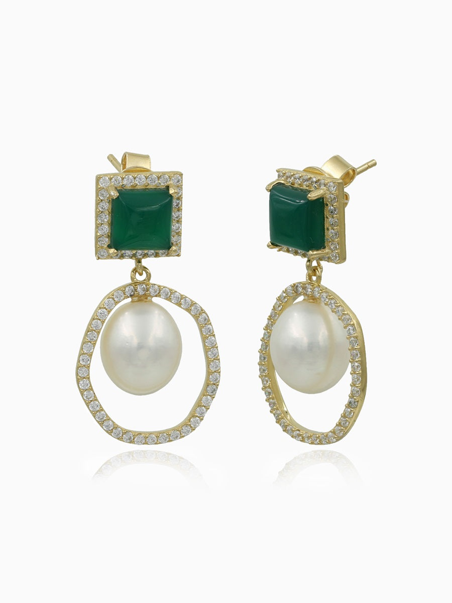 Fresh Water Pearl, Cubic Zirconia, Green Agate, Dangle Earring, Fashion Accessories, Elegant Jewelry