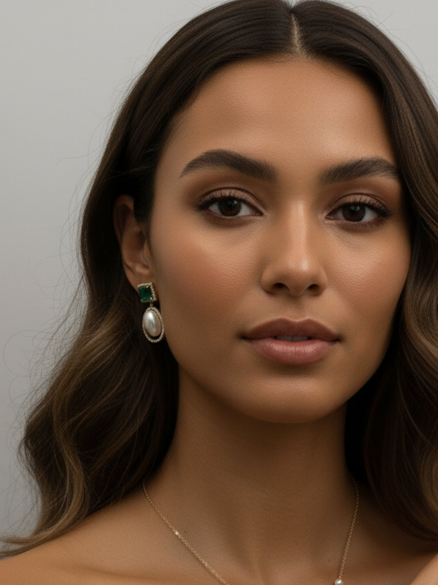 Fresh Water Pearl With Green Agate Dangle Earring