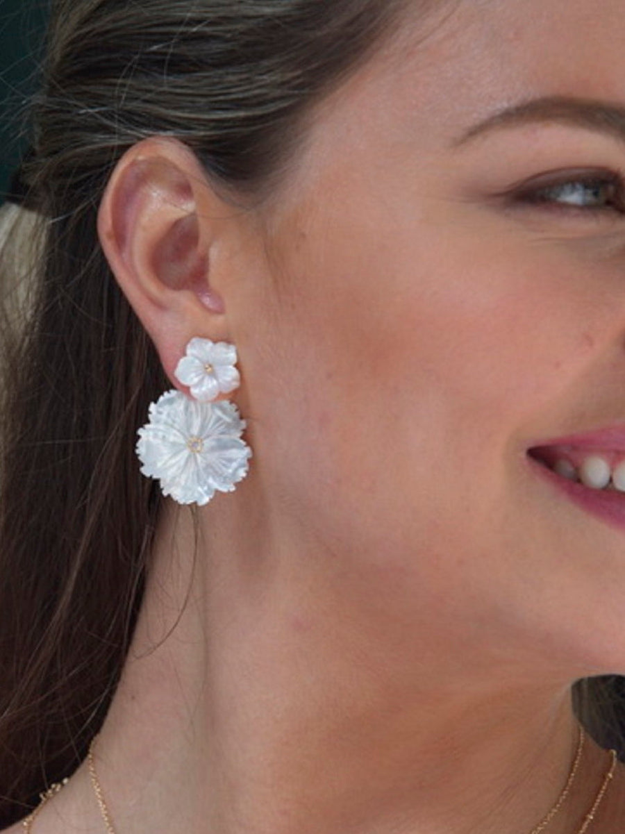 Double Flower Mother of Pearl Dangle Ear Jacket Earrings