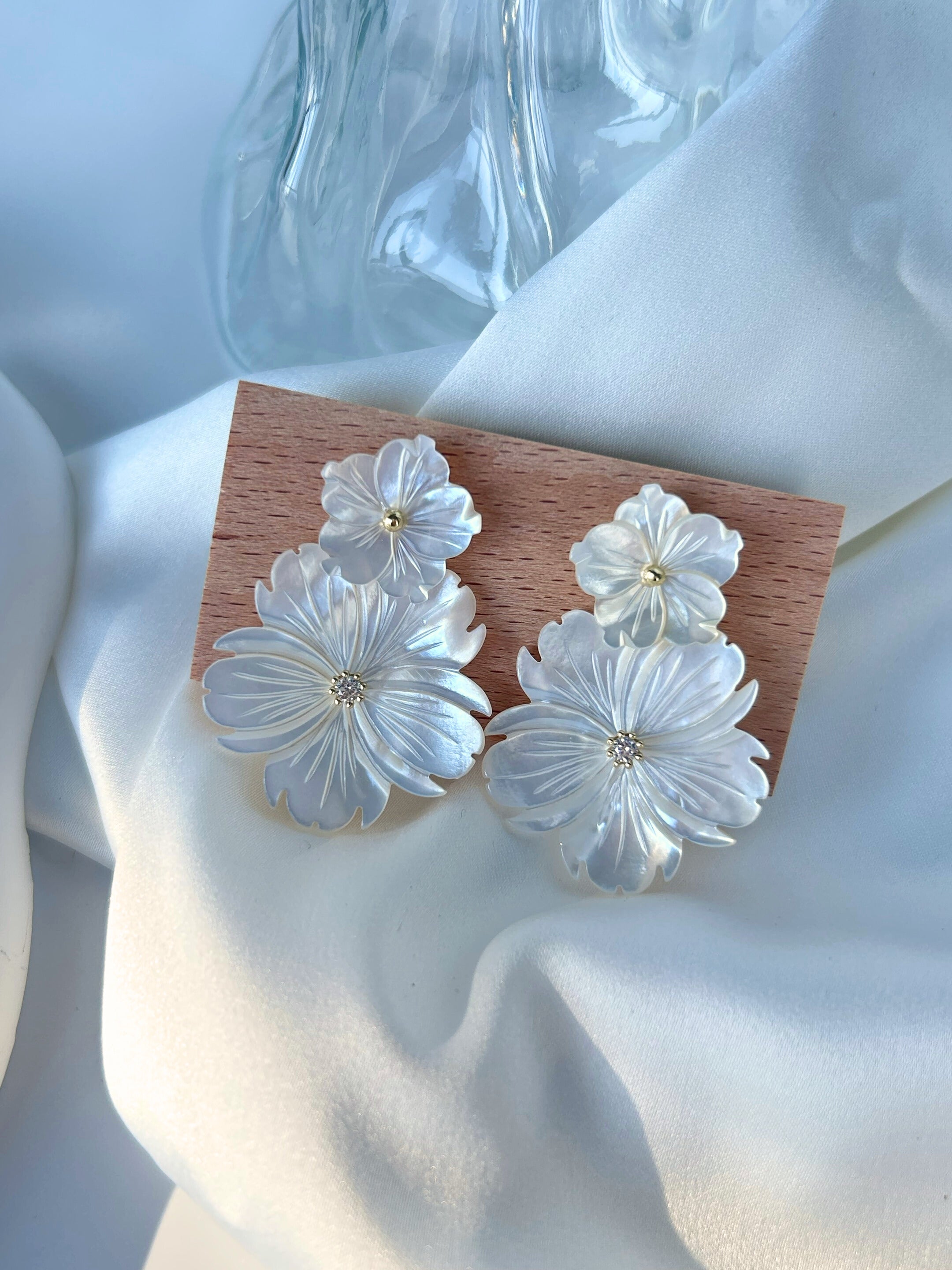 Double Flower Mother of Pearl Dangle Ear Jacket Earrings