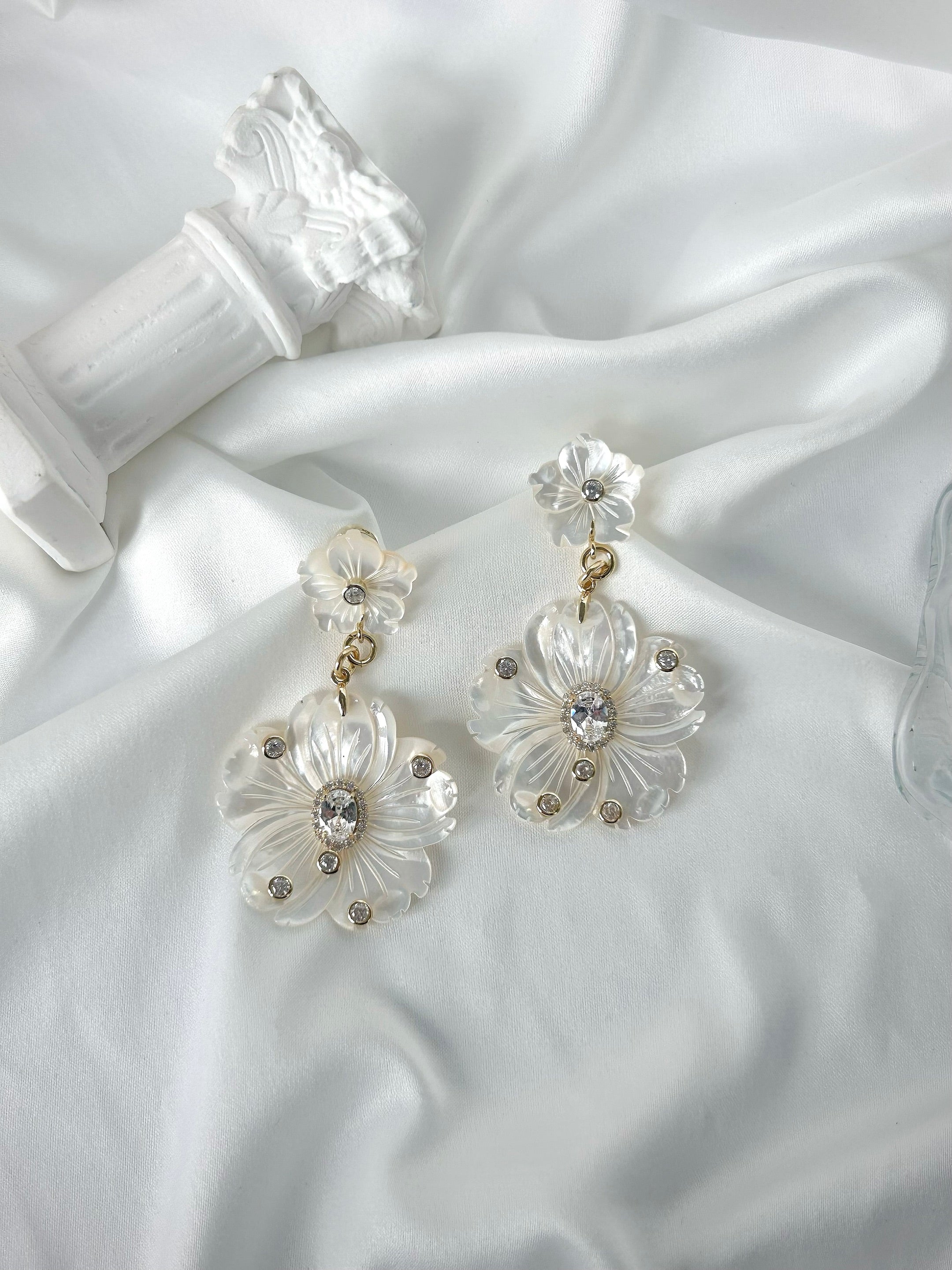 Delicate Mother of Pearl Floral with Shiny CZ Drop Earrings