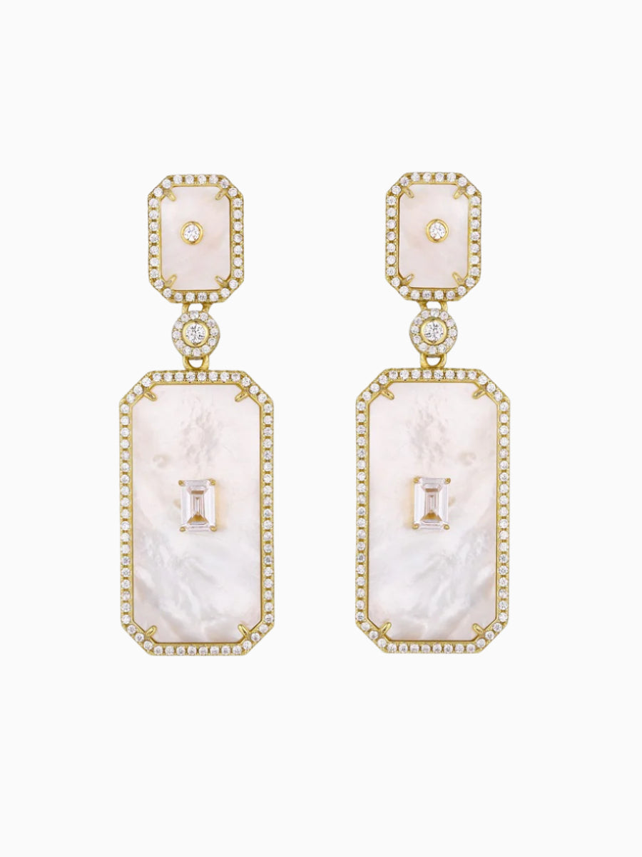 CZ Embedded Mother of Pearl Rectangle Dangle Earrings