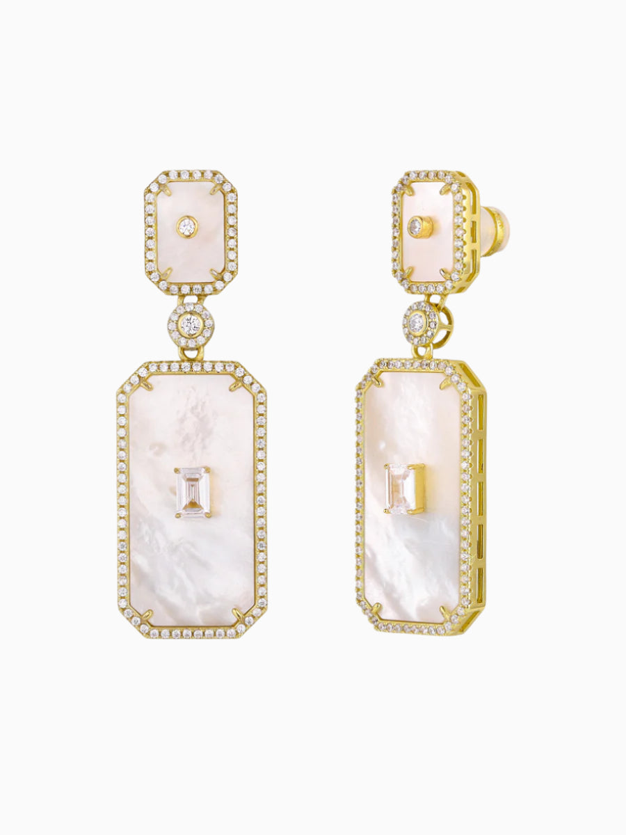 CZ Embedded Mother of Pearl Rectangle Dangle Earrings