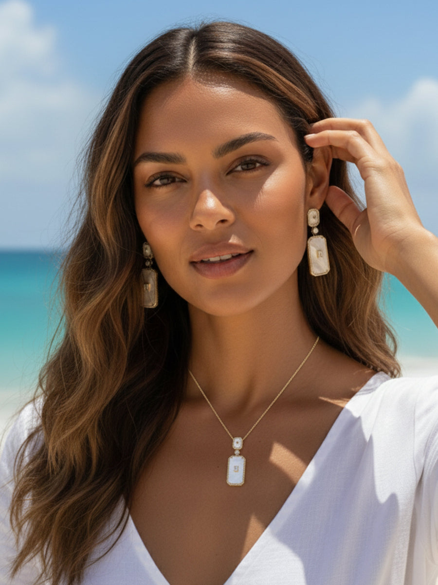 CZ Embedded Mother of Pearl Rectangle Dangle Earrings