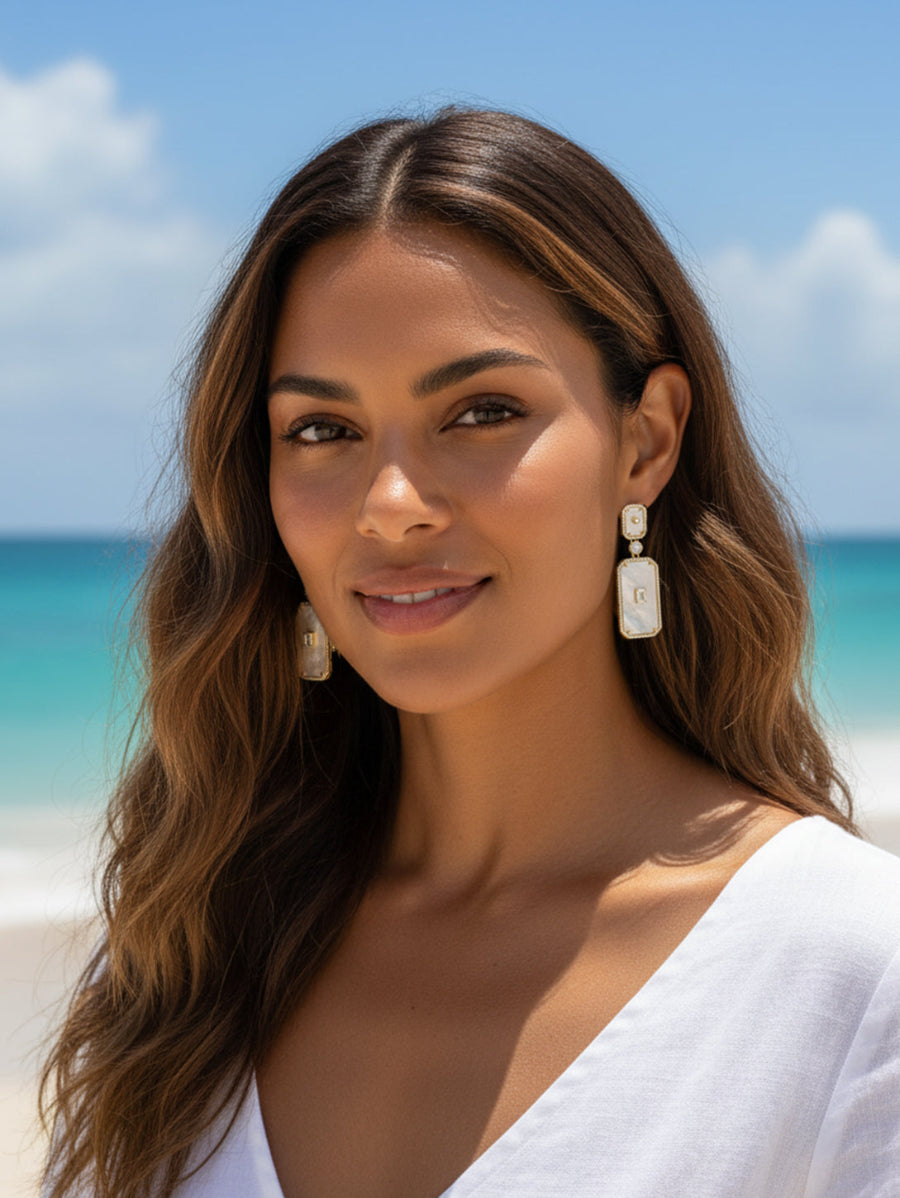 CZ Embedded Mother of Pearl Rectangle Dangle Earrings