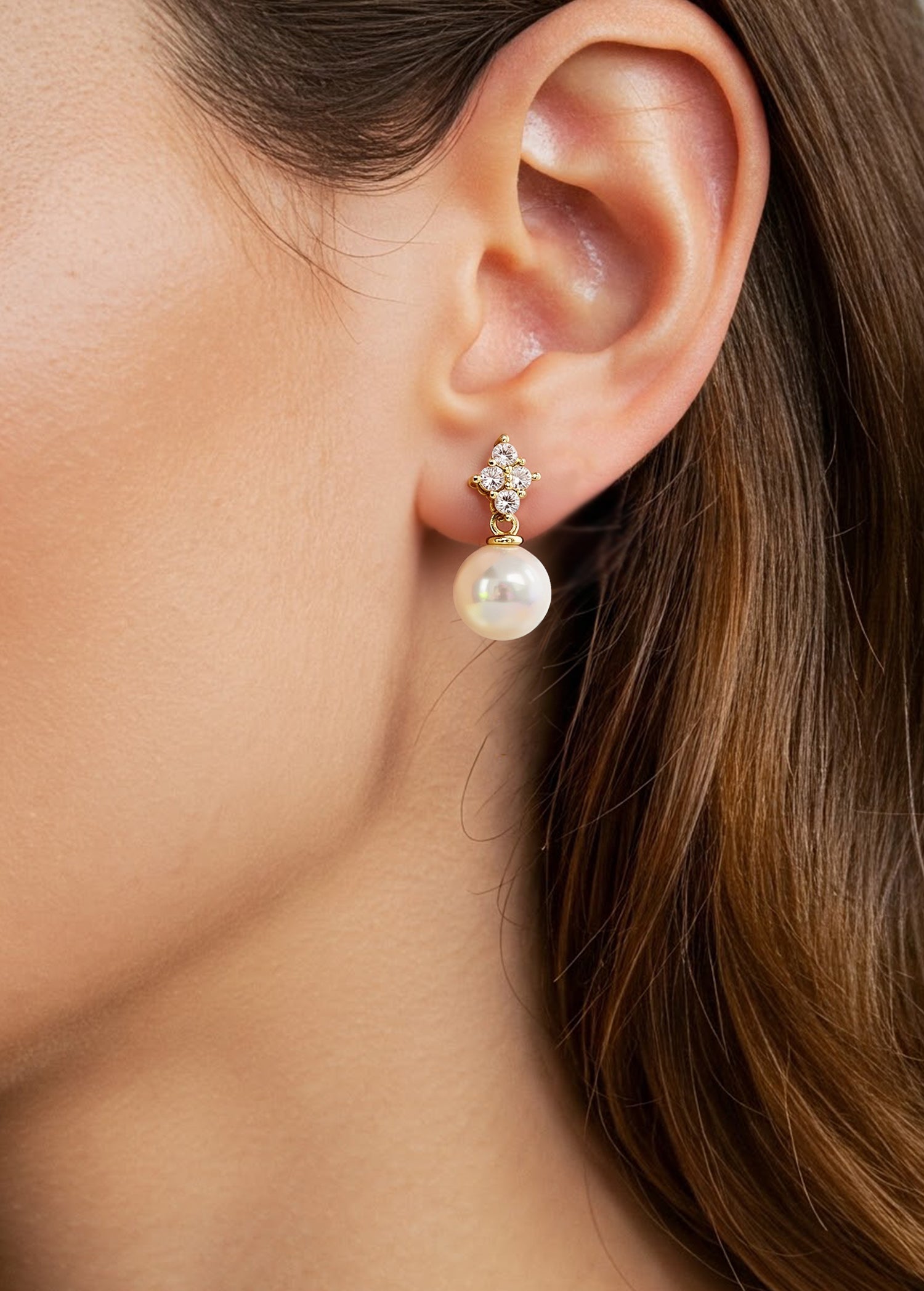 8MM Fresh Water Pearl & CZ  Drop Earrings
