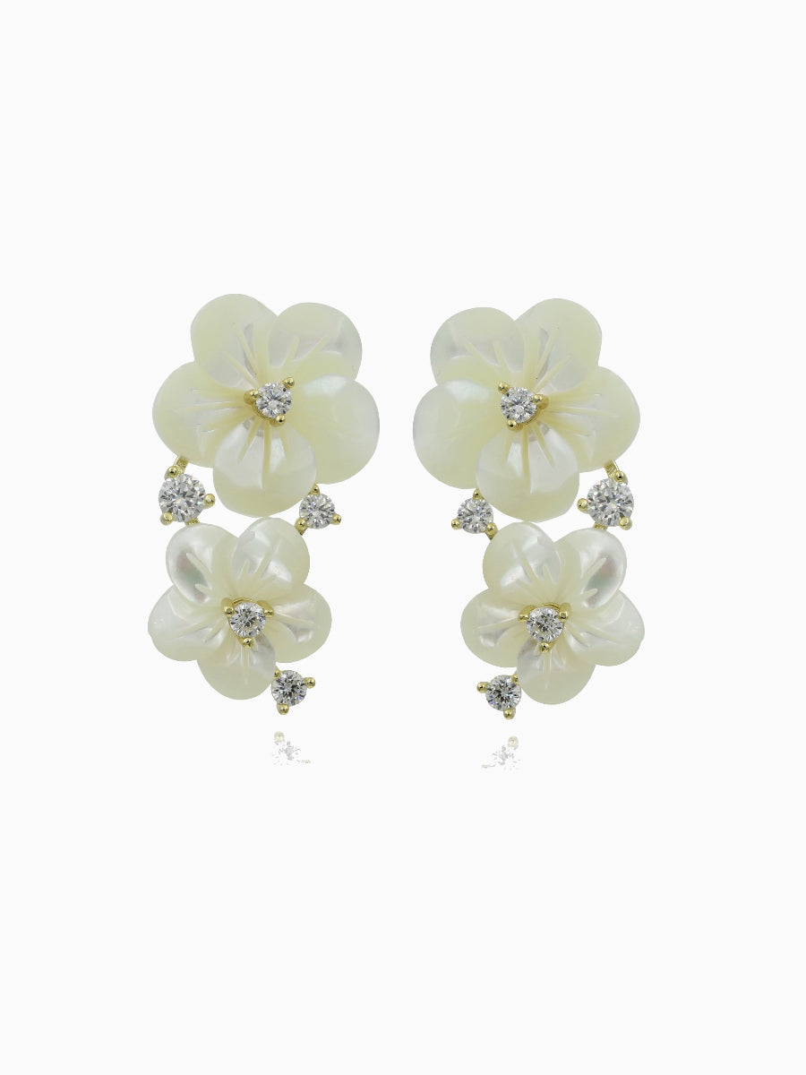 Carved Mother of Pearl Double Flower CZ Earrings