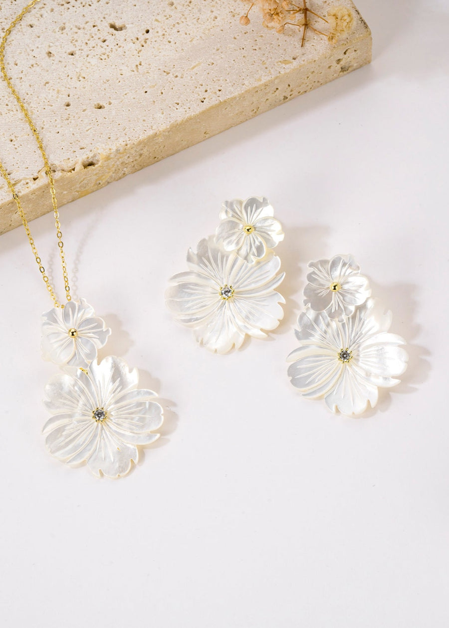 Double Flower Mother of Pearl Dangle Ear Jacket Earrings