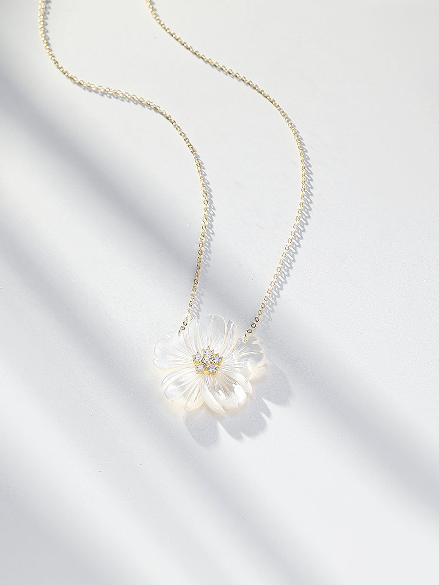 Dainty Mother of Pearl Flower with CZ Necklace