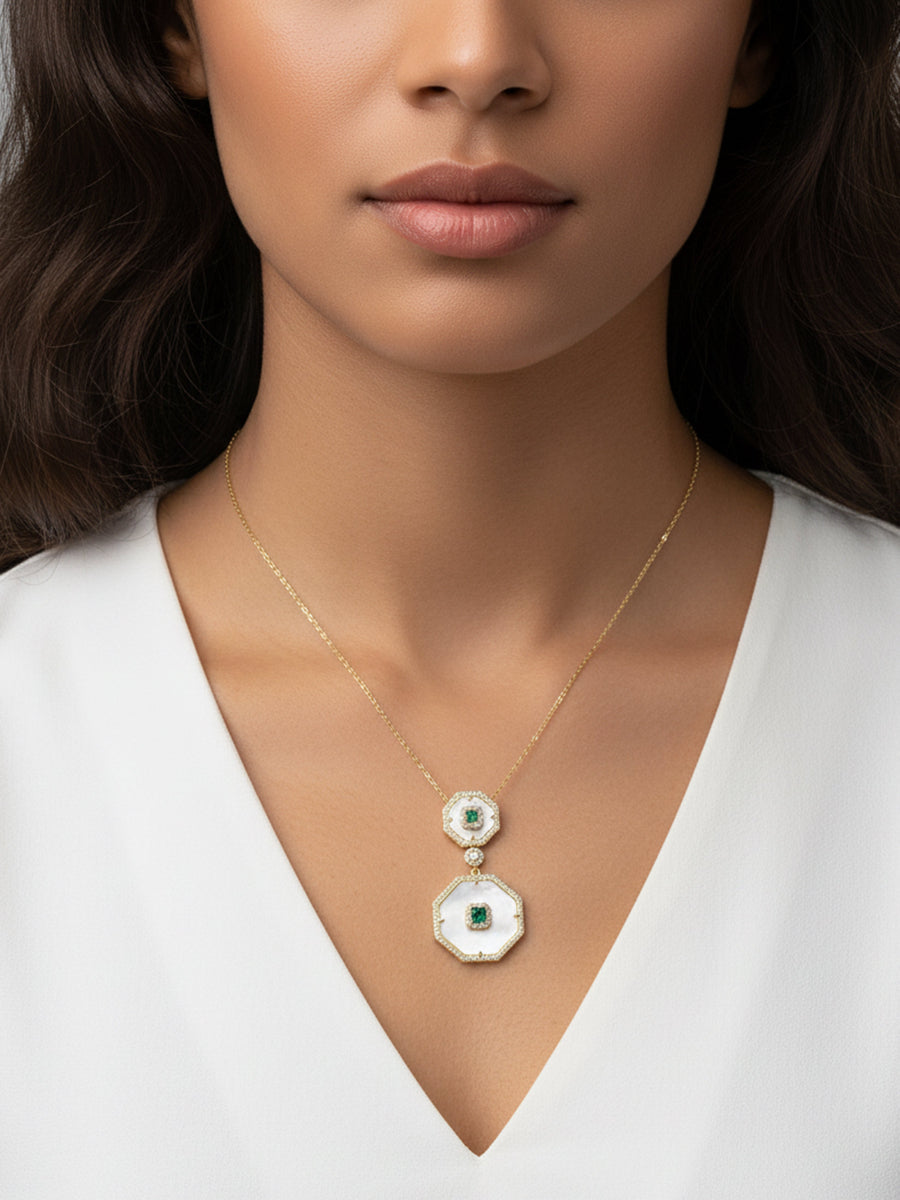 Delicate Mother of Pearl Double Octagon CZ Necklace