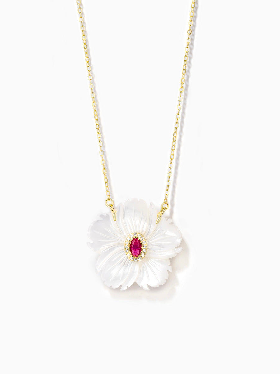 Floral Mother of Pearl with Green/Red CZ Pendant Necklace