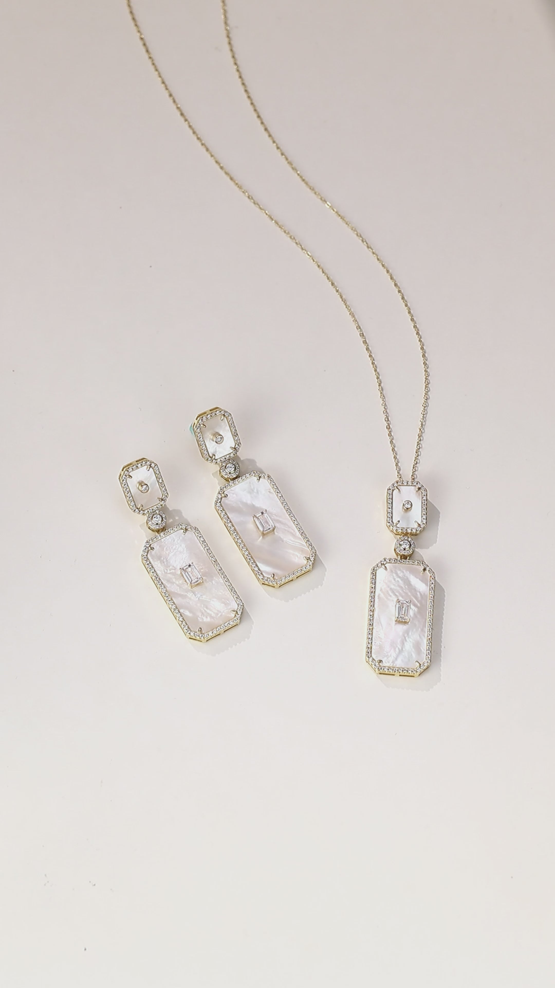 CZ Embedded Mother of Pearl Rectangle Dangle Earrings