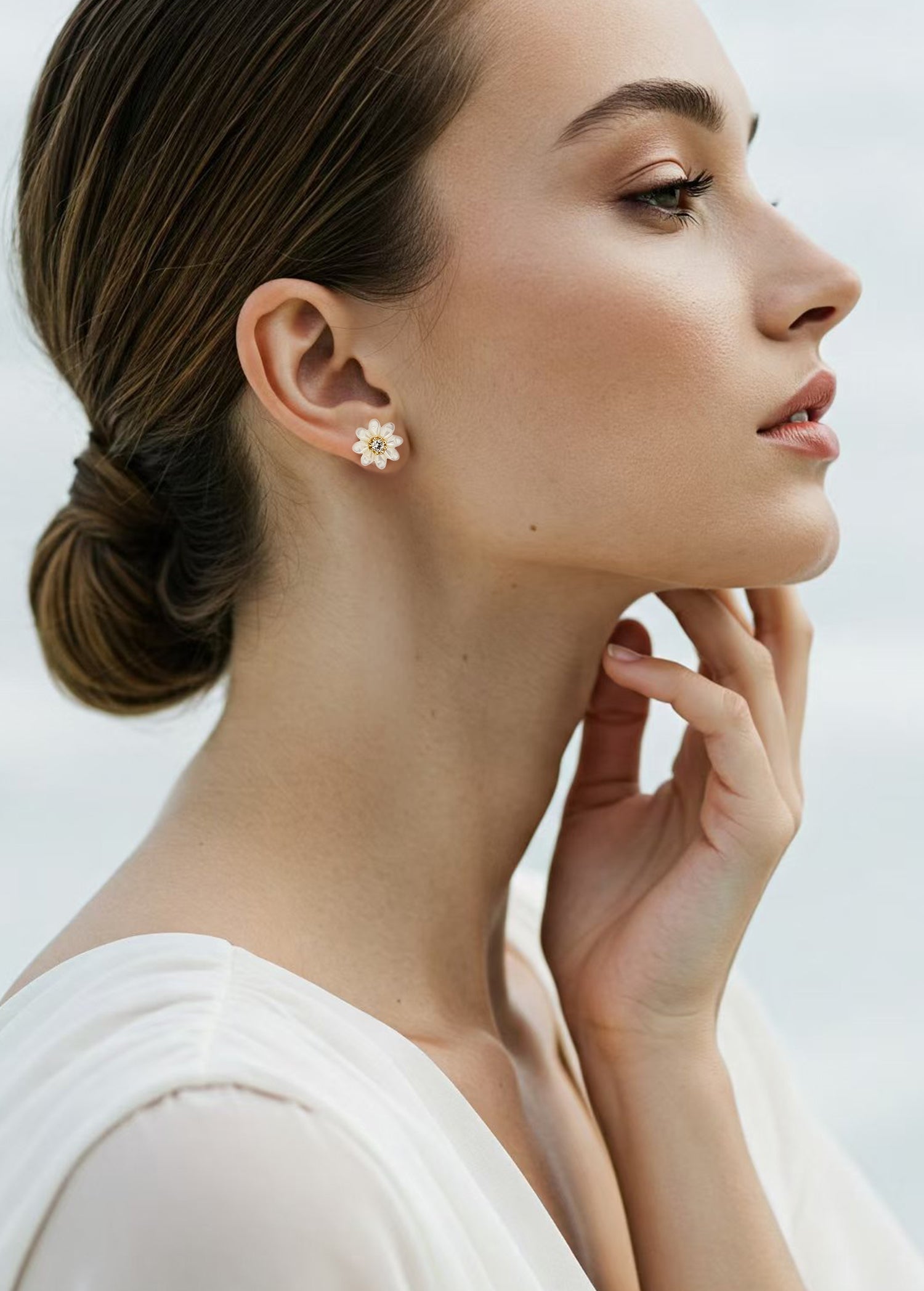 Carved MOP Flower with CZ Stud Earrings