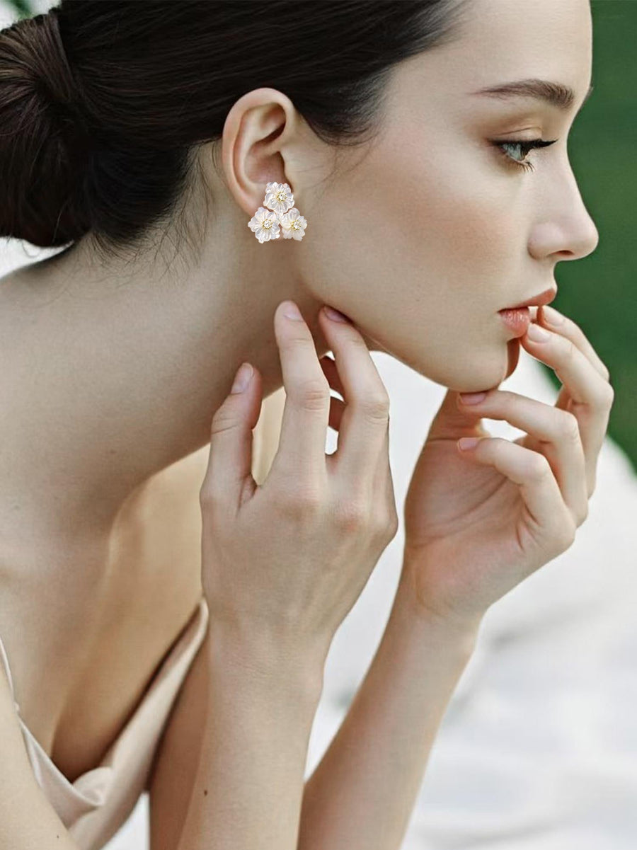 Triple Flowers Mother of Pearl CZ Earrings