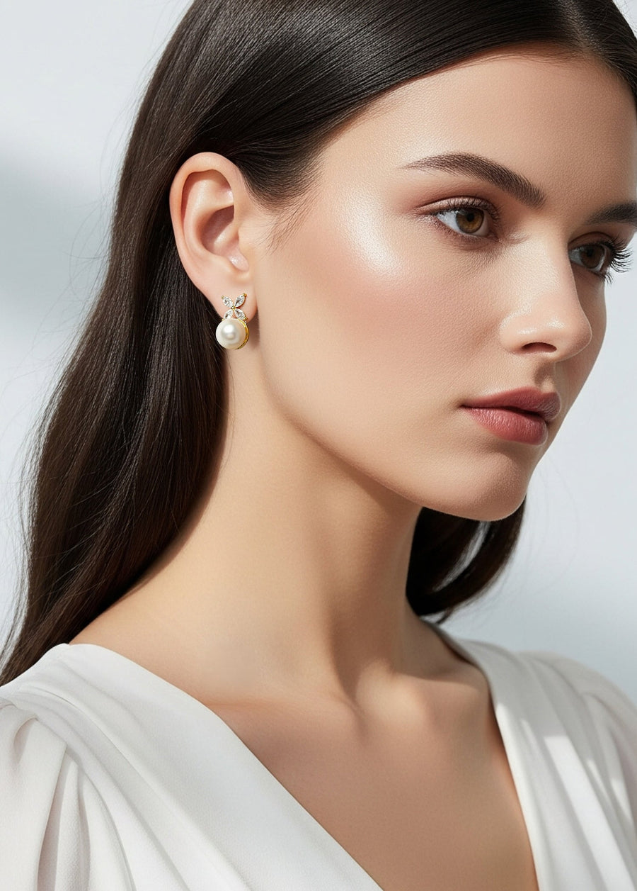 10MM Fresh Water Pearl with Flower CZ Earrings