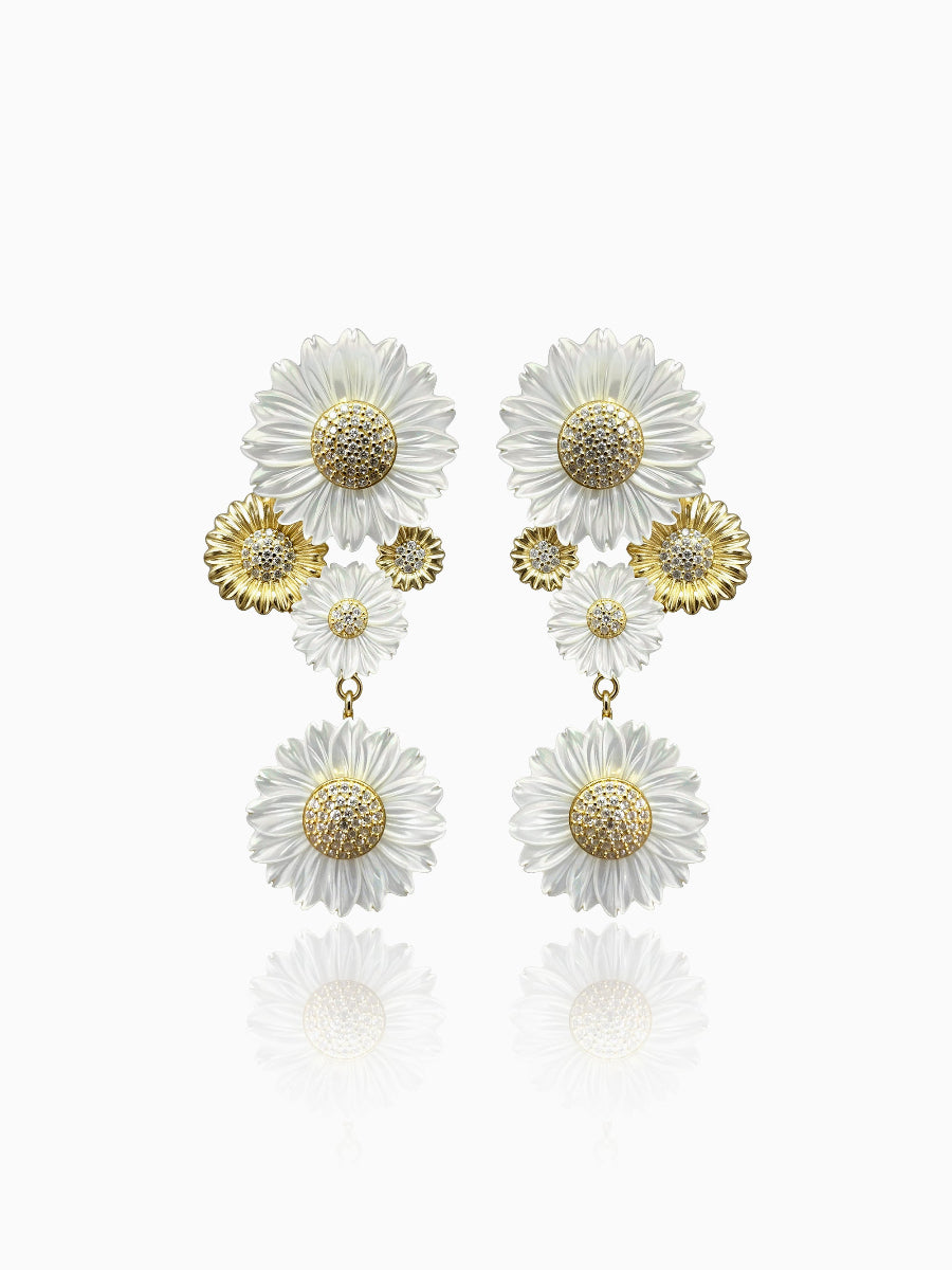 Mother of Pearl Daisy Drop Earrings with Gold Accents
