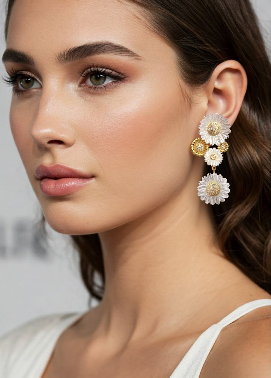 Mother of Pearl Daisy Drop Earrings with Gold Accents