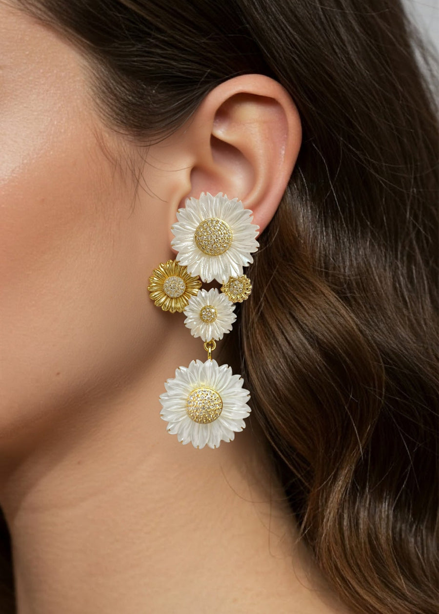 Mother of Pearl Daisy Drop Earrings with Gold Accents