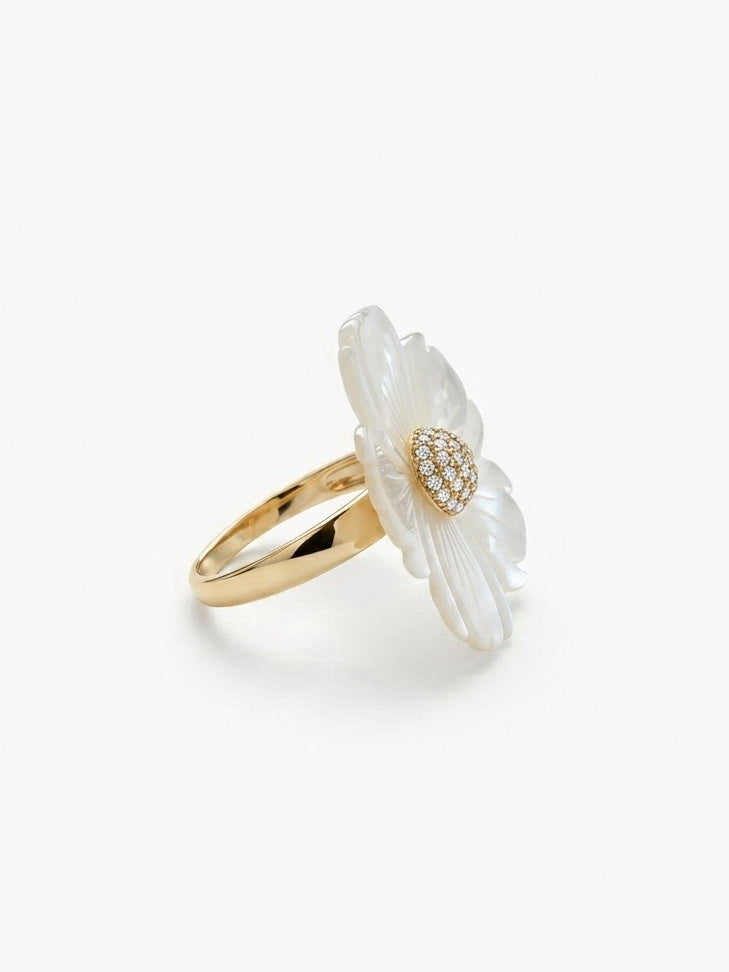 Mother of Pearl Hand Carved Flower with CZ Ring