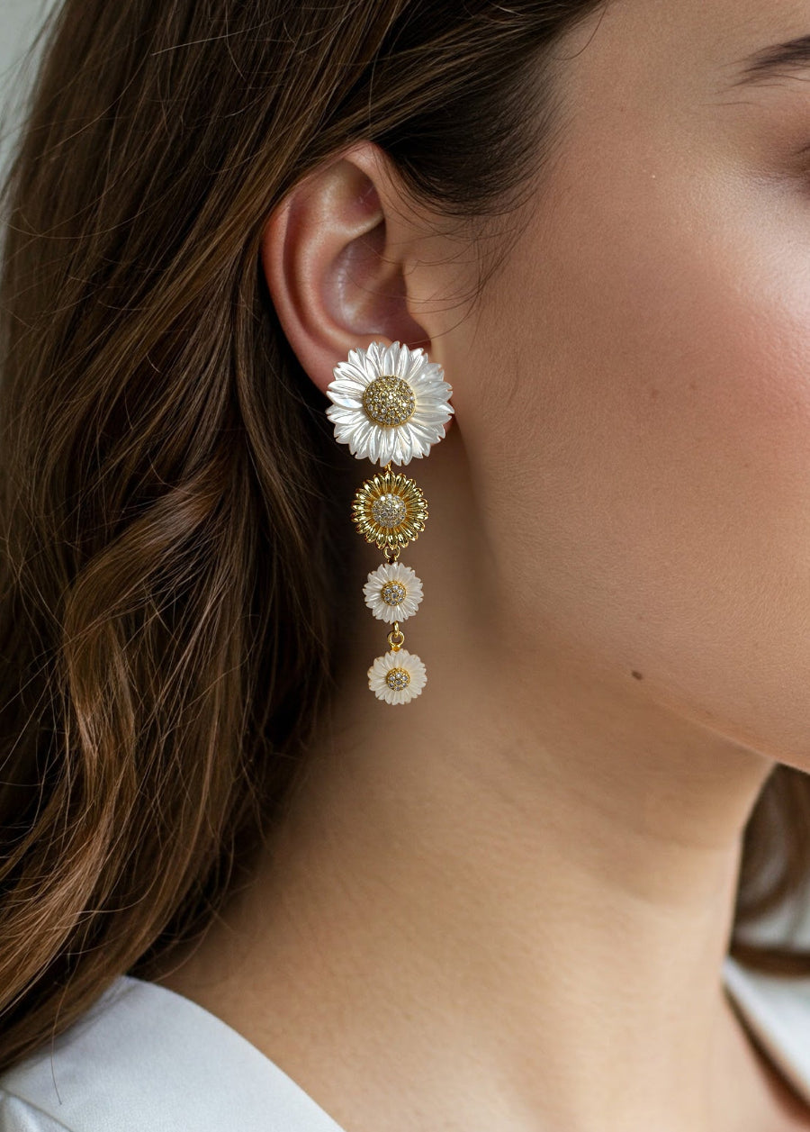 Mother of Pearl Gold Daisy Flower Ear Jacket Earrings