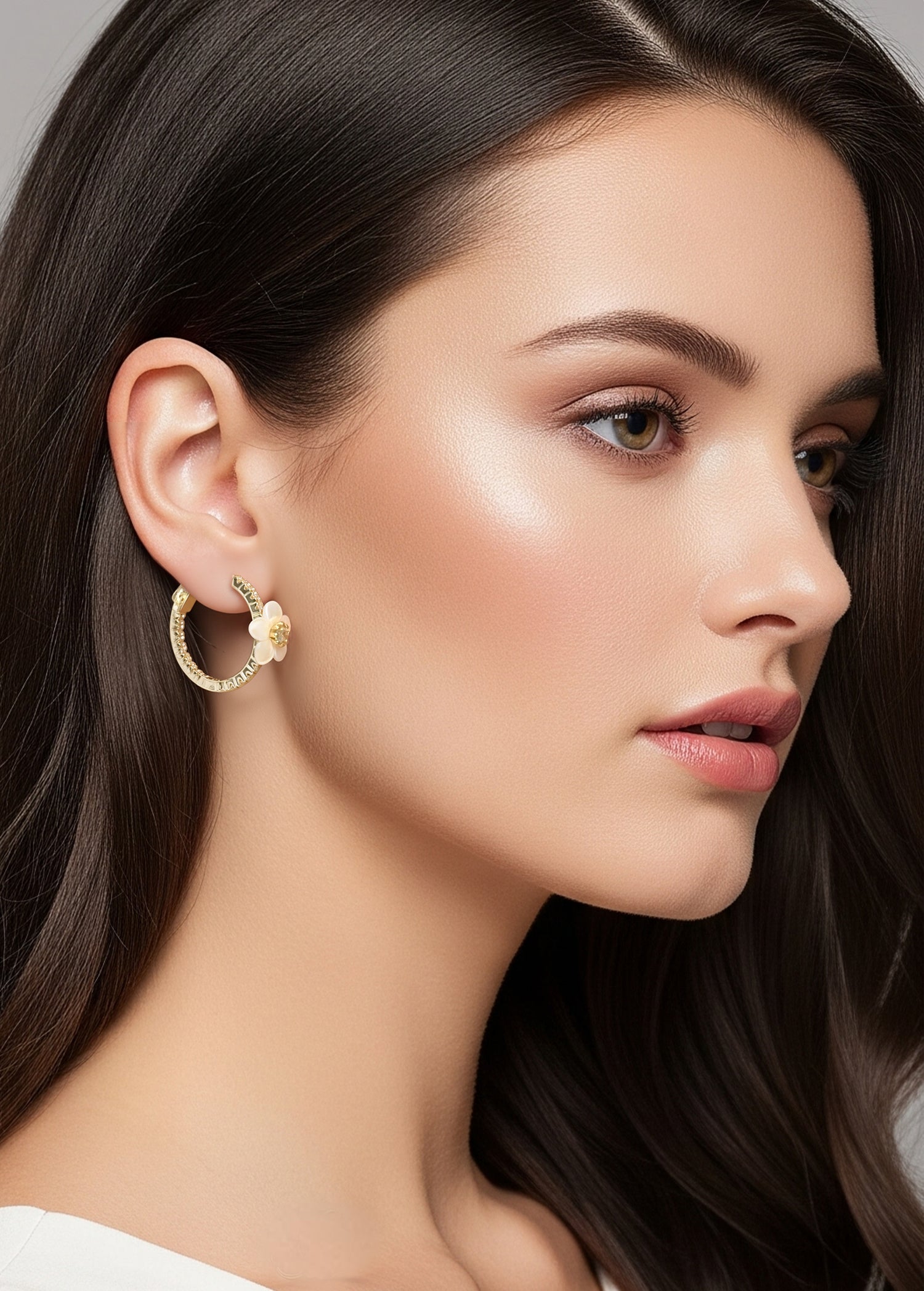 Cherry Blossom Mother of Pearl CZ Hoop Earrings