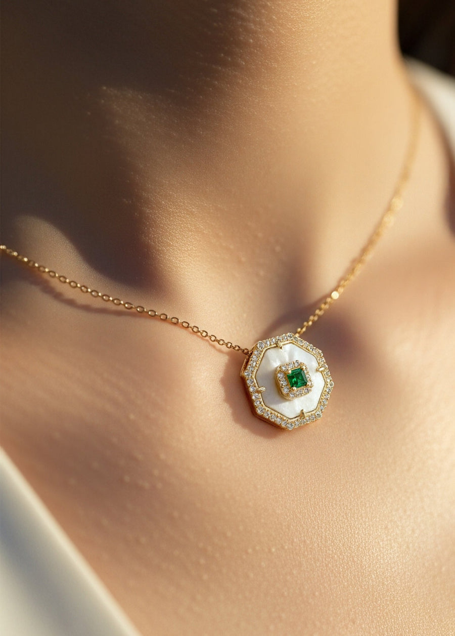 Delicate Mother of Pearl Octagon CZ Necklace