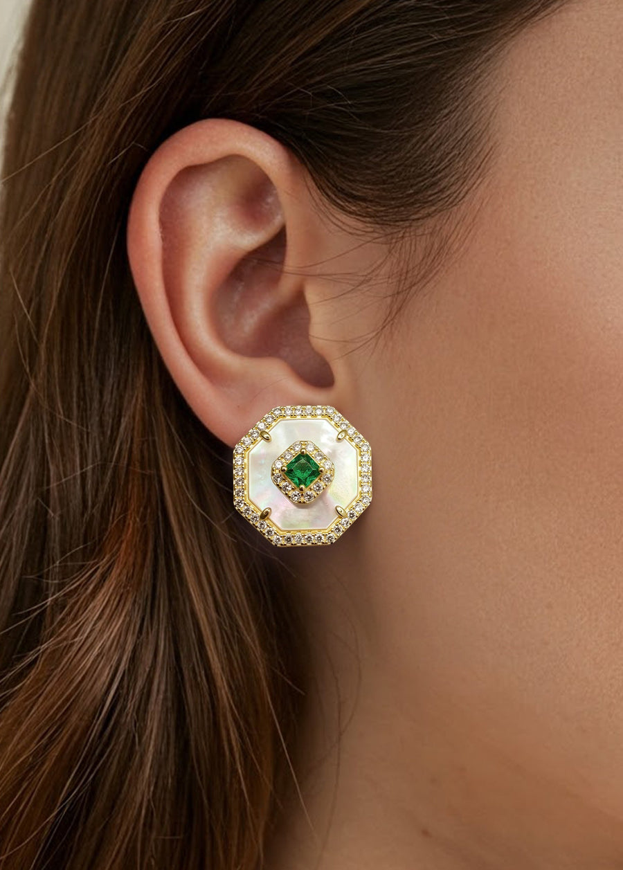 Mother of Pearl Inlay CZ Octagon Stud Earrings