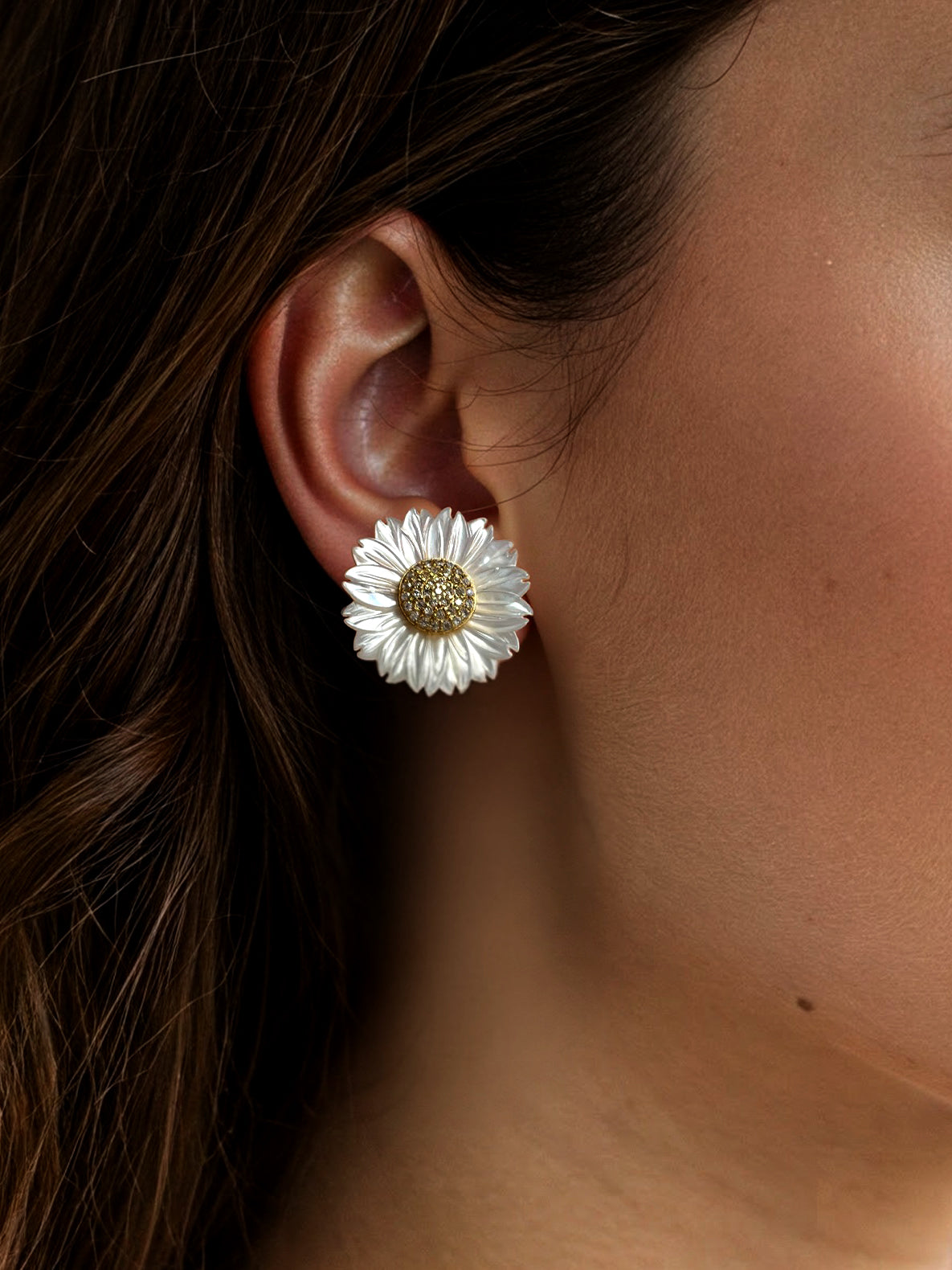 Mother of Pearl Gold Daisy Flower Ear Jacket Earrings