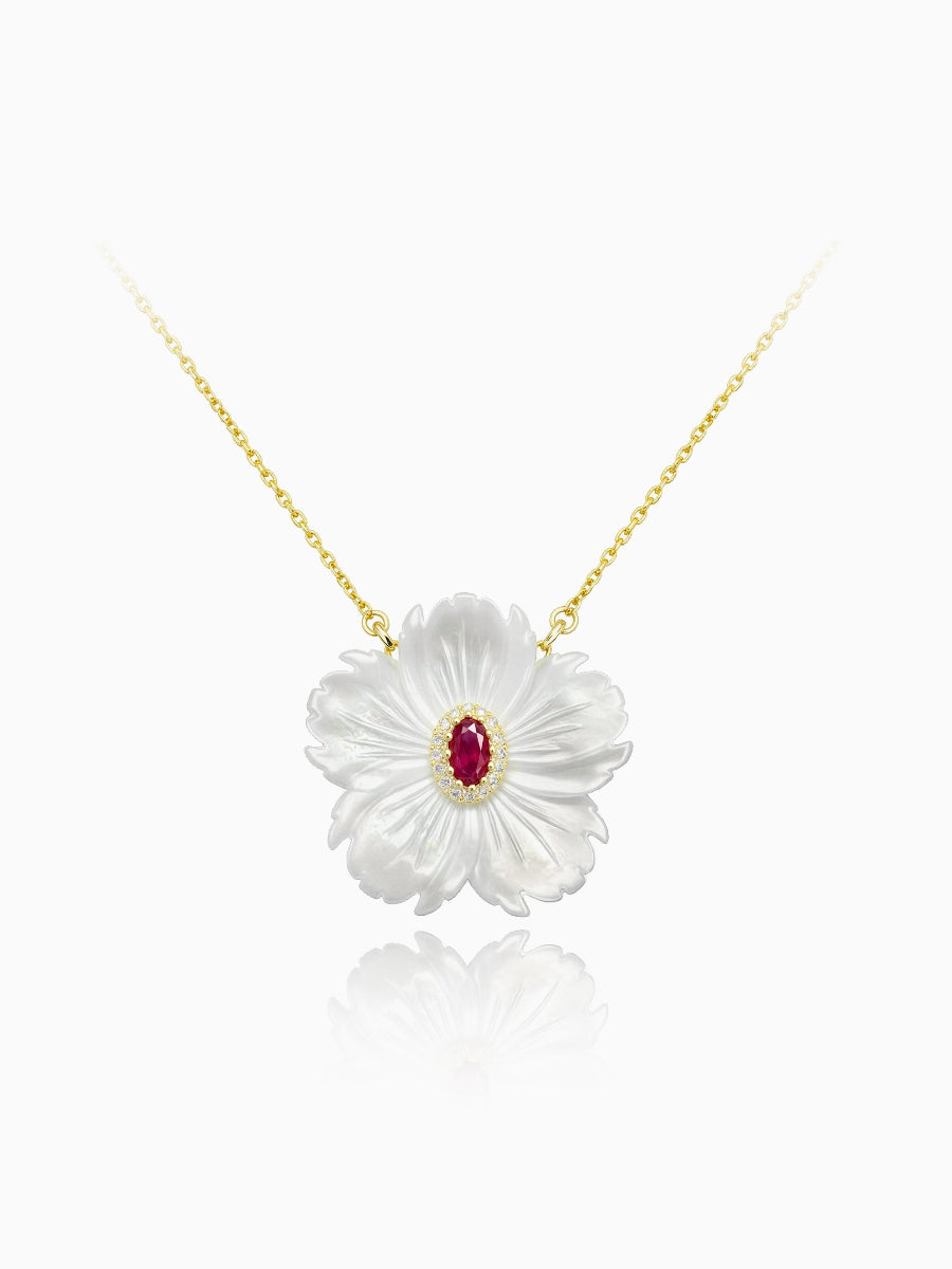 Floral Mother of Pearl with Green/Red CZ Pendant Necklace