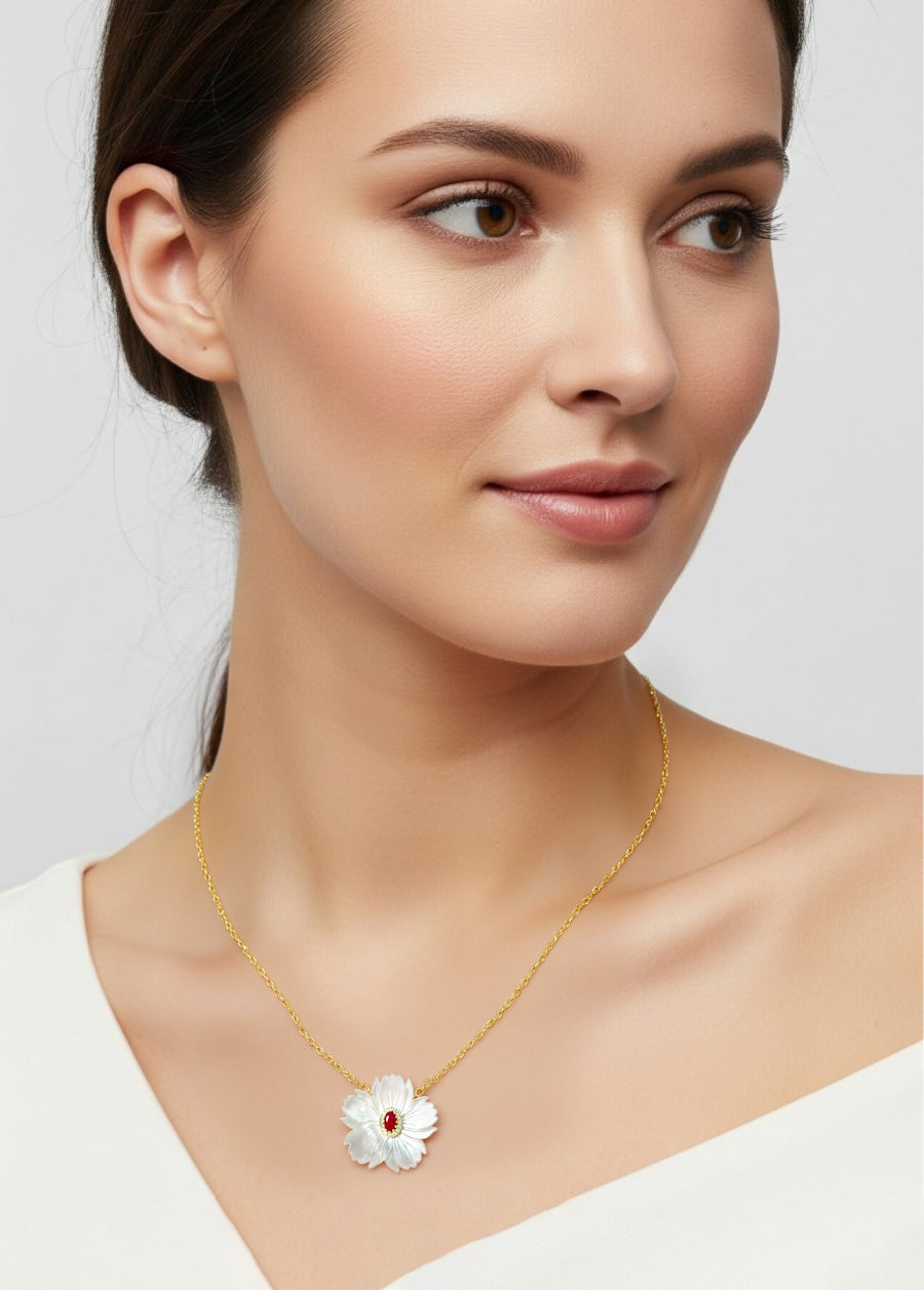 Floral Mother of Pearl with Green/Red CZ Pendant Necklace