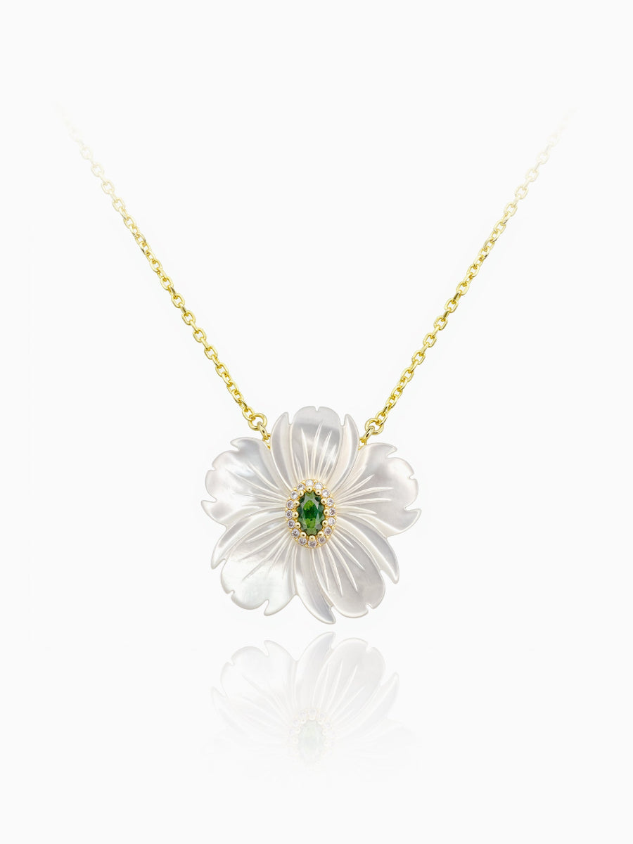 Floral Mother of Pearl with Green/Red CZ Pendant Necklace