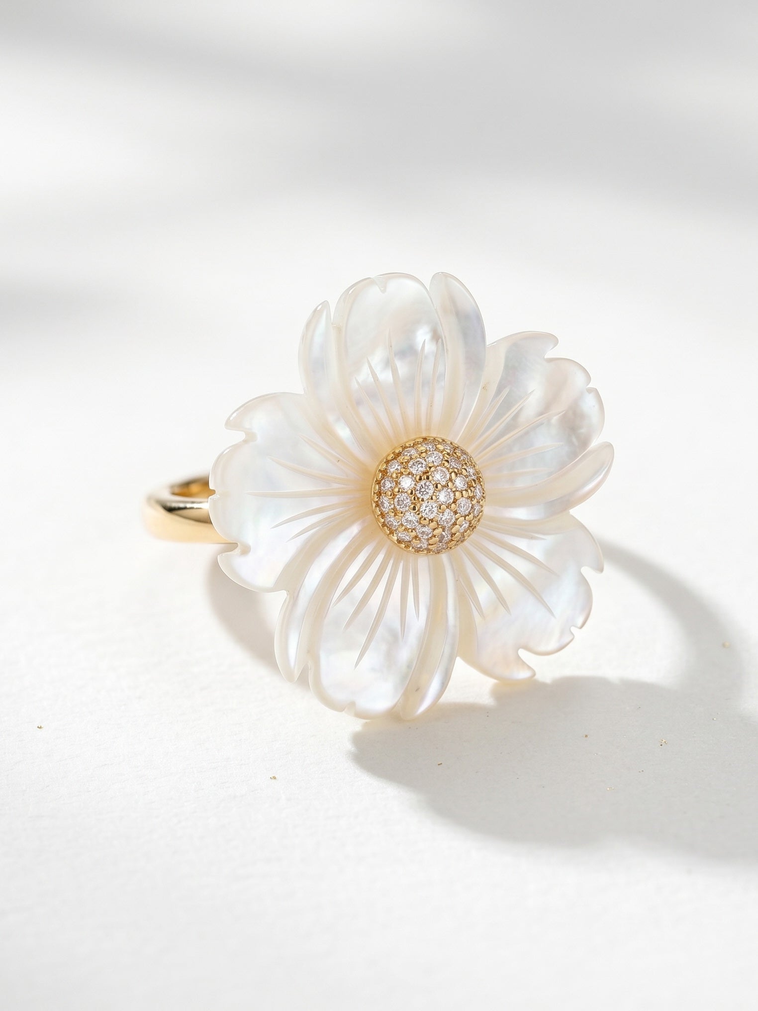 Mother of Pearl Hand Carved Flower with CZ Ring