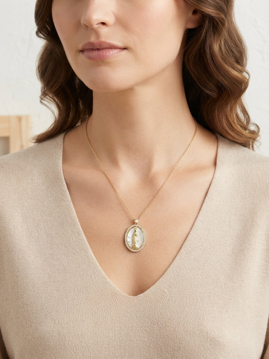 Virgin Mary MOP Pendant Necklace