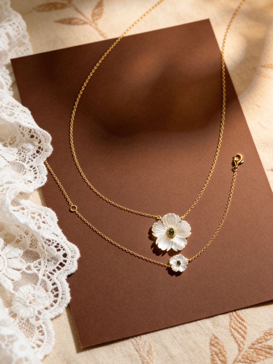 Mother of Pearl Flower with Green Cubic Zirconia Bracelet