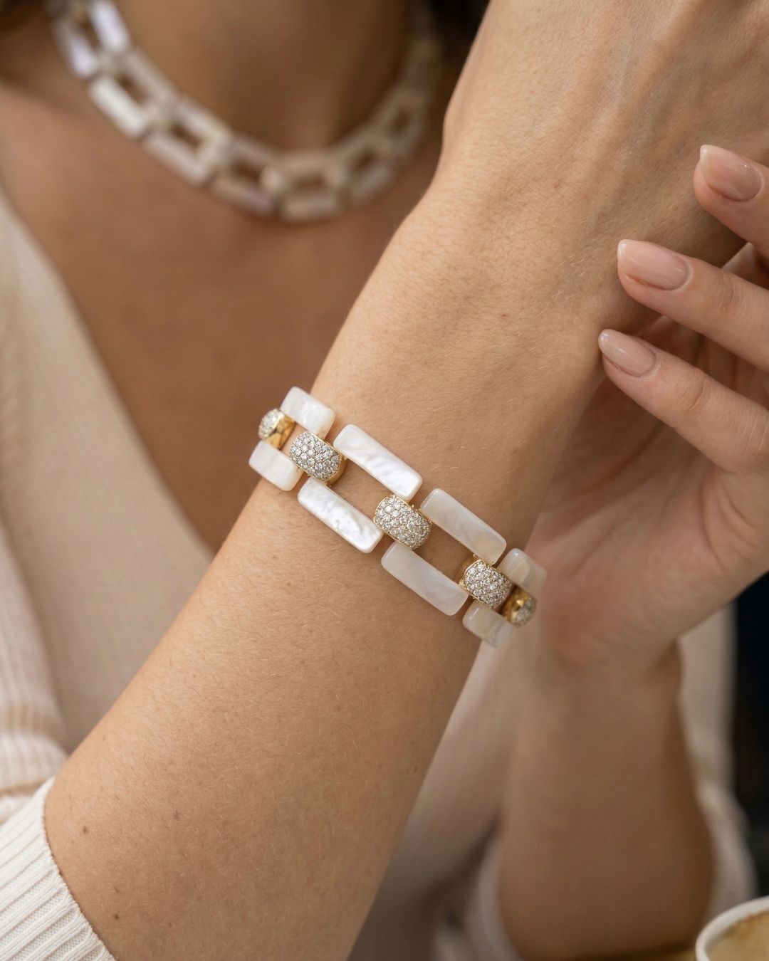 Square Shape MOP With CZ Link Bracelet