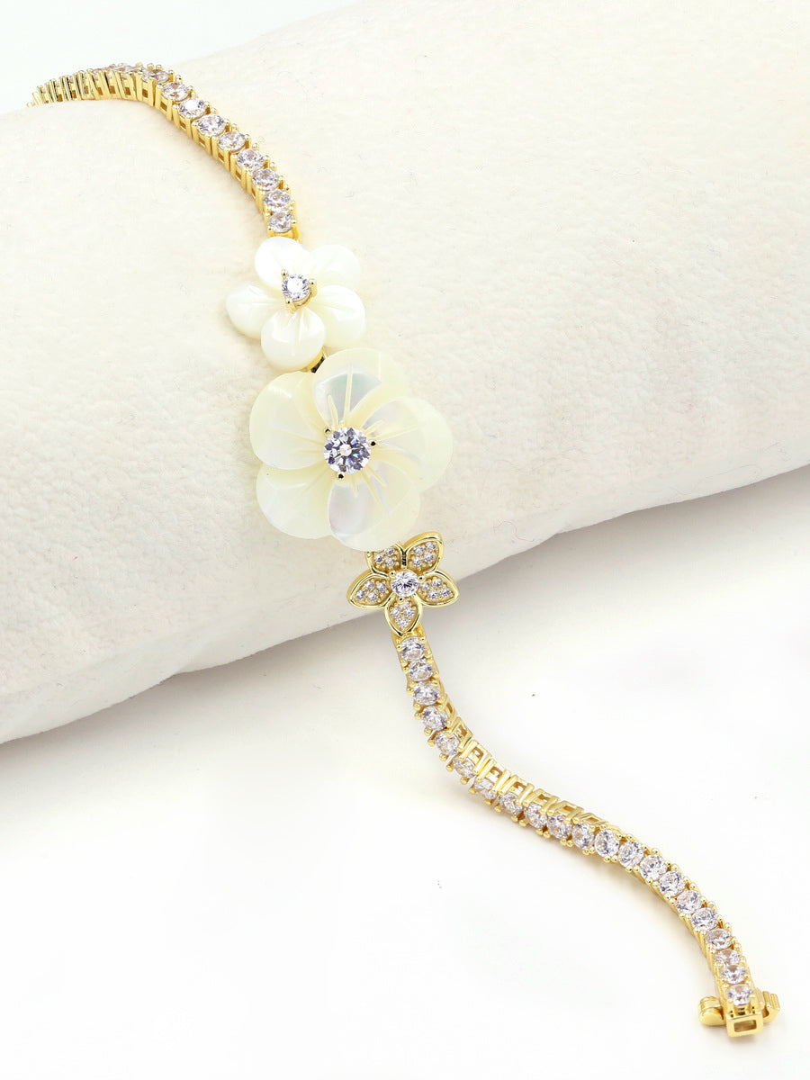 Hand Carved Mother of Pearl Flower CZ Bracelet