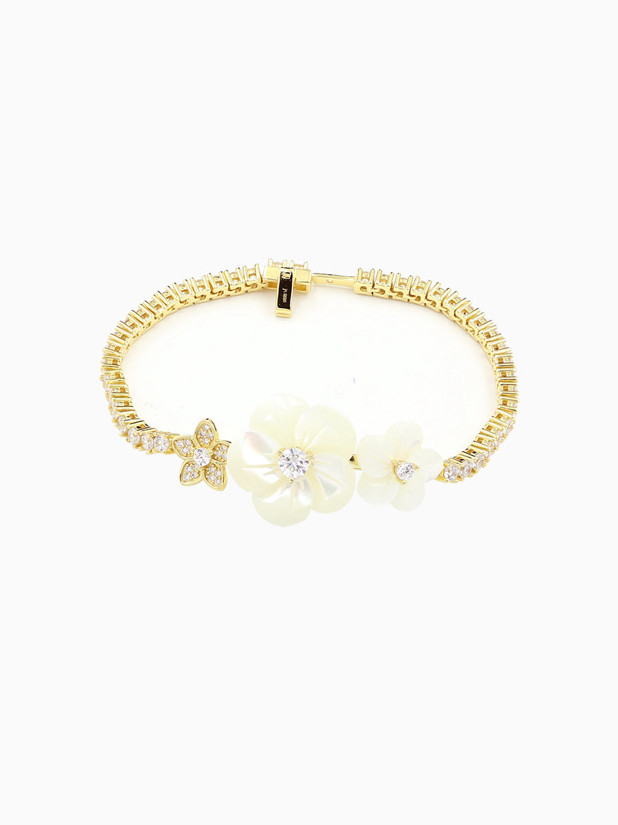 Hand Carved Mother of Pearl Flower CZ Bracelet